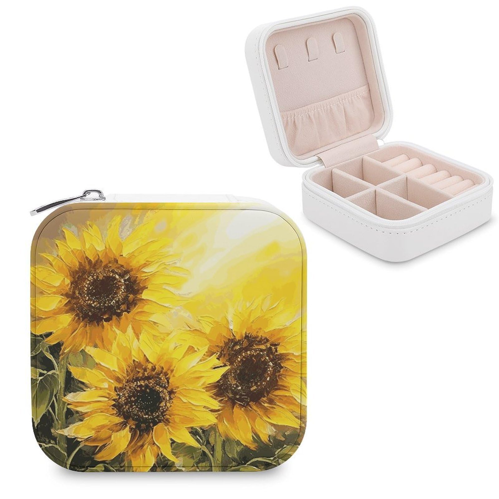 FekiLoot Yellow Sunflowers Travel Jewelry Box Small Jewelry Organizer Storage Case Portable PU Leather Mini Jewellry Travel Case Necklace Ring Storage Organizer Gift for Women