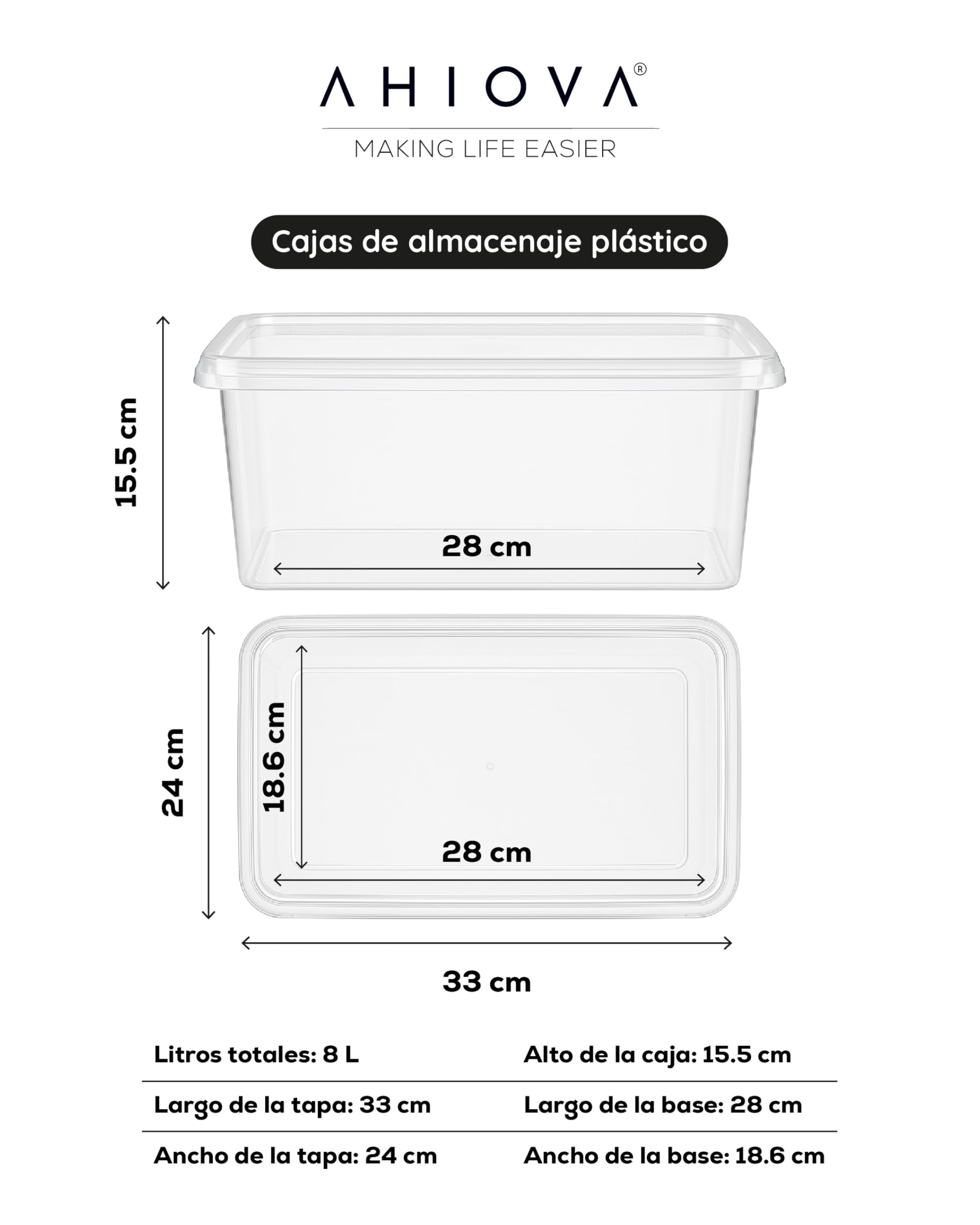 Cajas Almacenaje Plastico 8L con Tapa Set 5 Organizadoras Apilables 100% Transparentes Click Presión 33x24x15,5cm Hogar Baño Garaje Oficina BPA Free Fabricadas Europa