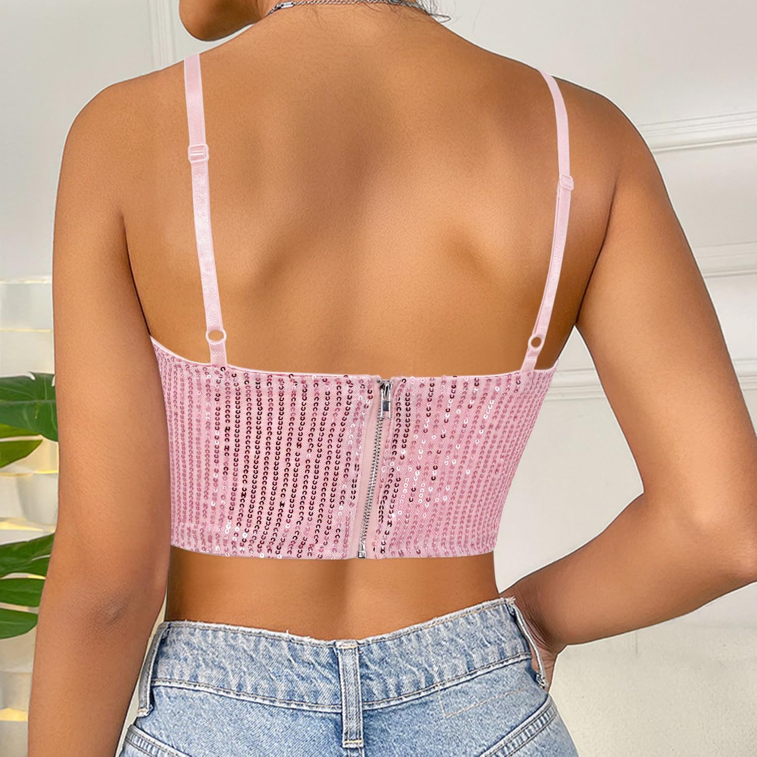 Naimo Women's Sparkle Sequin Crop Top Sleeveless V Neck Spaghetti Strap Tank Tops Vest Party Rave Shimmer Camisole - Image 3