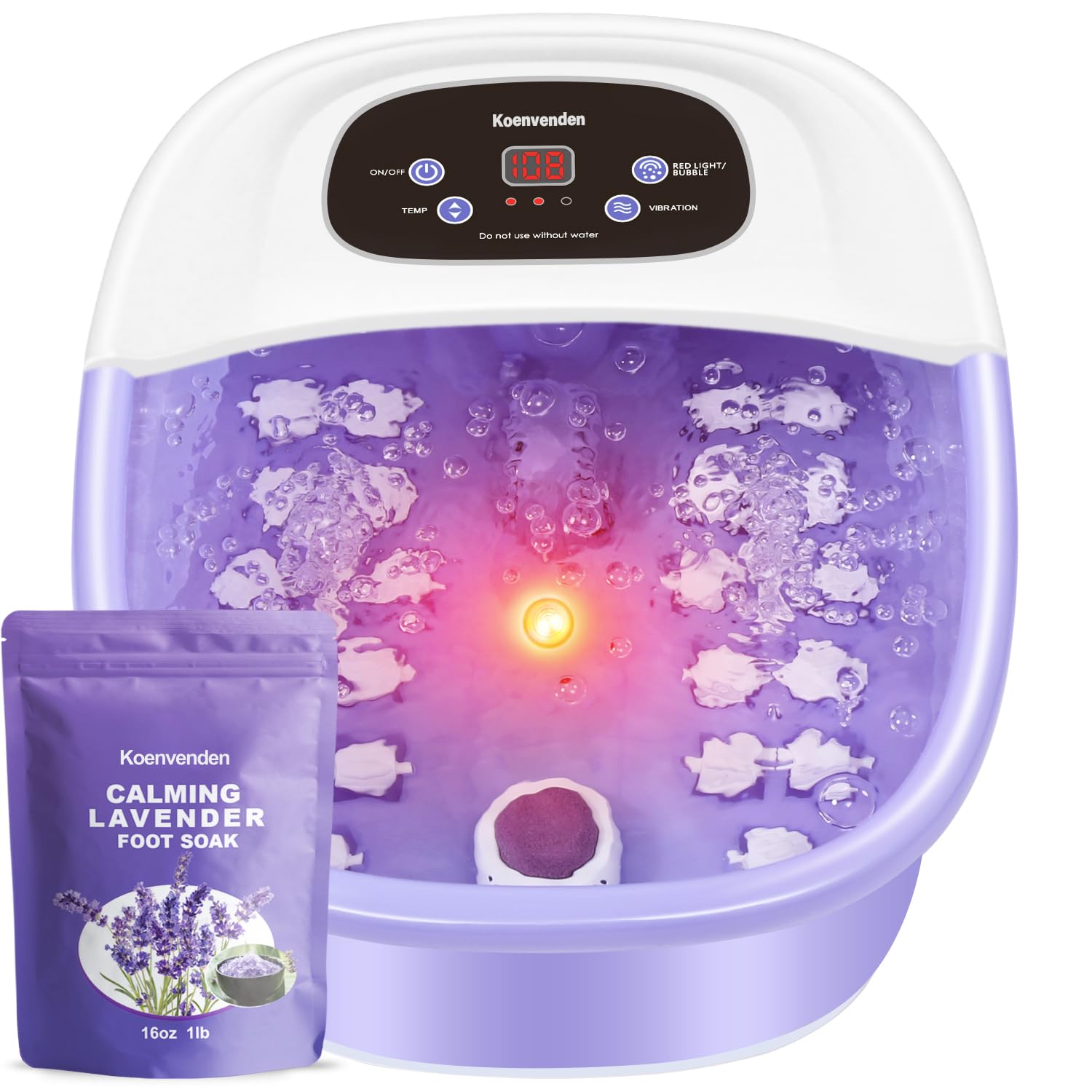 Foot Spa Massager with Heat, Bubbles & Vibration, 22 Rollers, Red Light, Adjustable Temp - - Purple