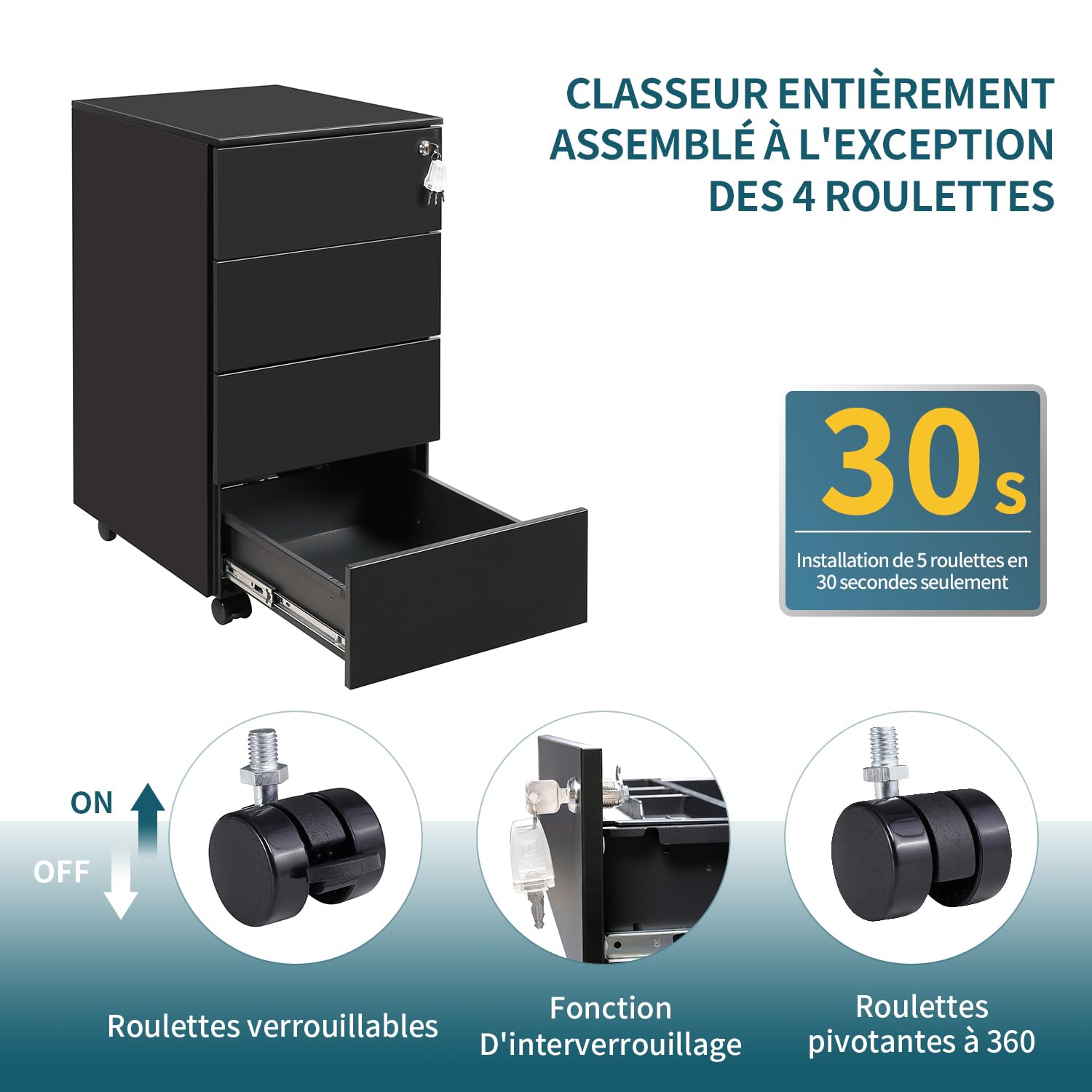 Caisson Bureau avec 4 Clés, Caisson de Rangement Mobile, Meuble Tiroir Bureau, Verrouillable, 4 Tiroirs, Travail, Bureau à Domicile