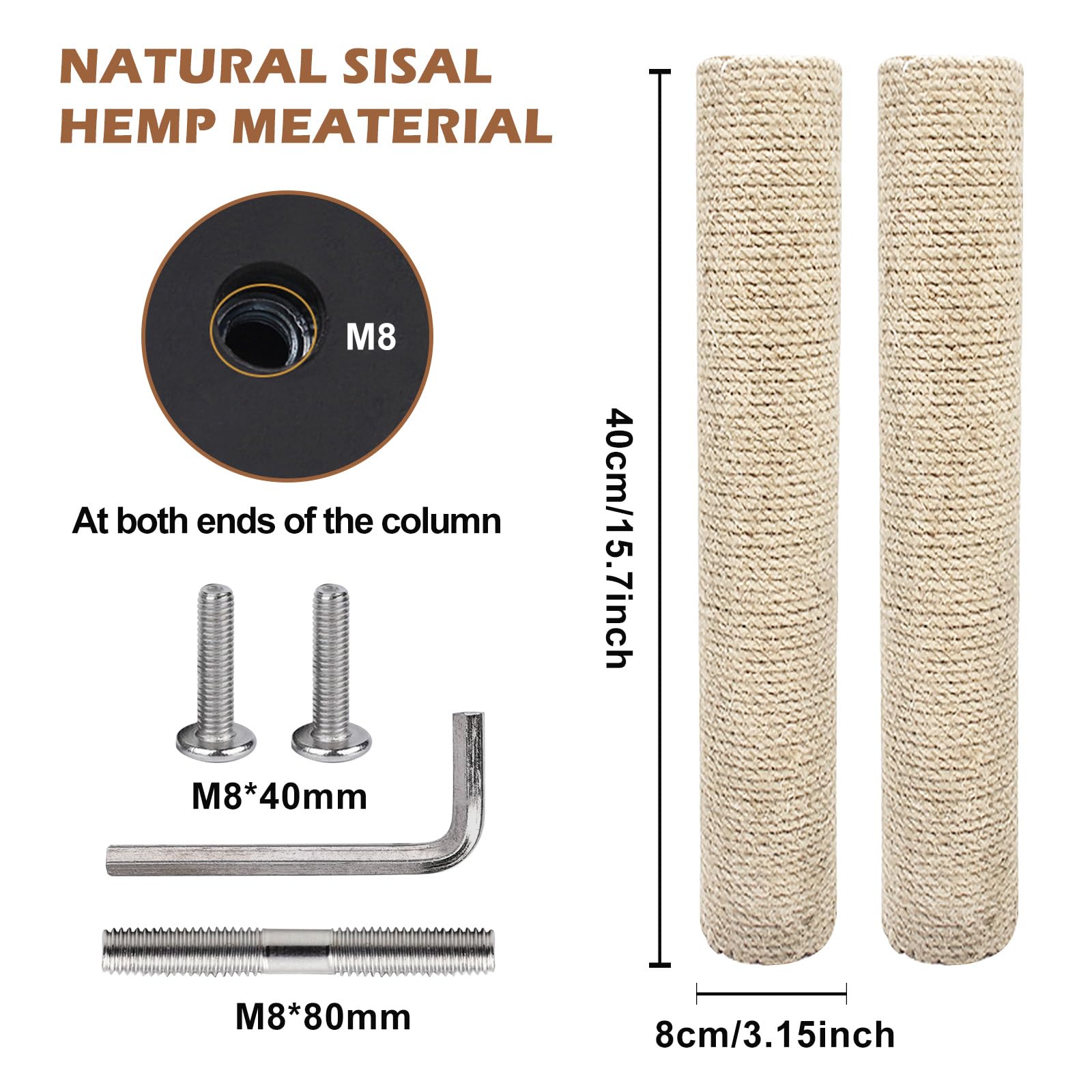 BORDEAG 2 Piezas Poste Rascador para Gatos, 40 * 8cm Recambio Rascador para Gatos, Poste De Repuesto para Rascar Sisal Natural Poste Rascador De Gatos para Gatitos Torre De Árbol De Gato
