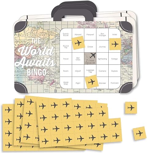 Big Dot of Happiness World Awaits - Tarjetas de bingo y marcadores - Juego de bingo con forma de fiesta temática de viaje - Juego de 18