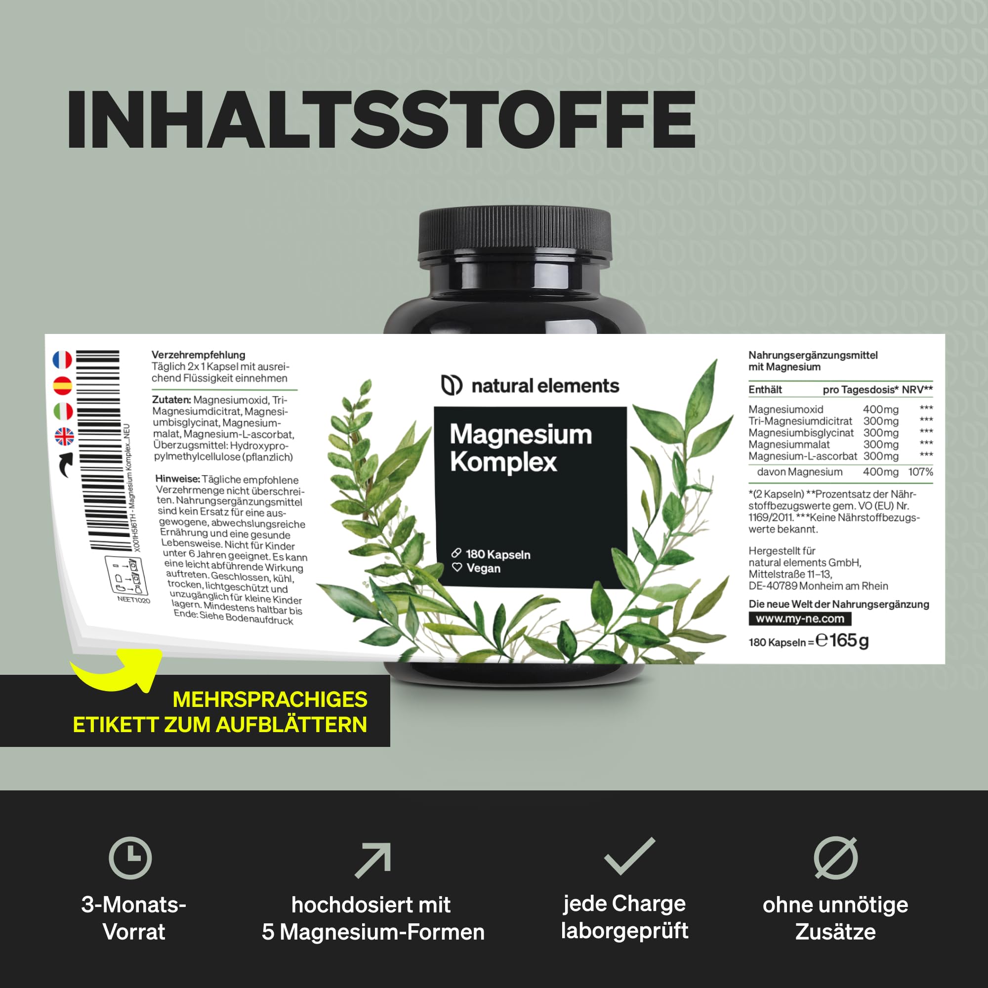 natural elements Magnesium Komplex - Premium: Aus 5 hochwertigen Verbindungen - 400mg elementares Magnesium pro Tagesdosis - Laborgeprüft, vegan, hochdosiert