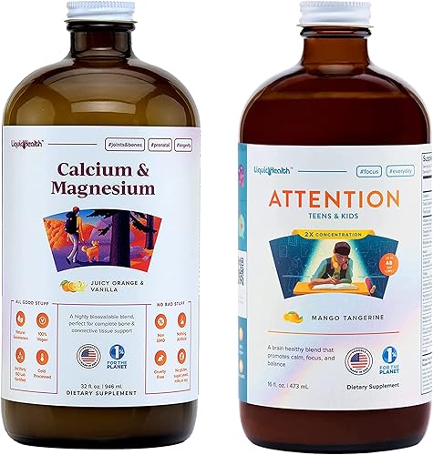 LIQUIDHEALTH Calcio con soporte para articulaciones de magnesio + atención para niños, calma y enfoque para niños, paquete de suplemento de apoyo de