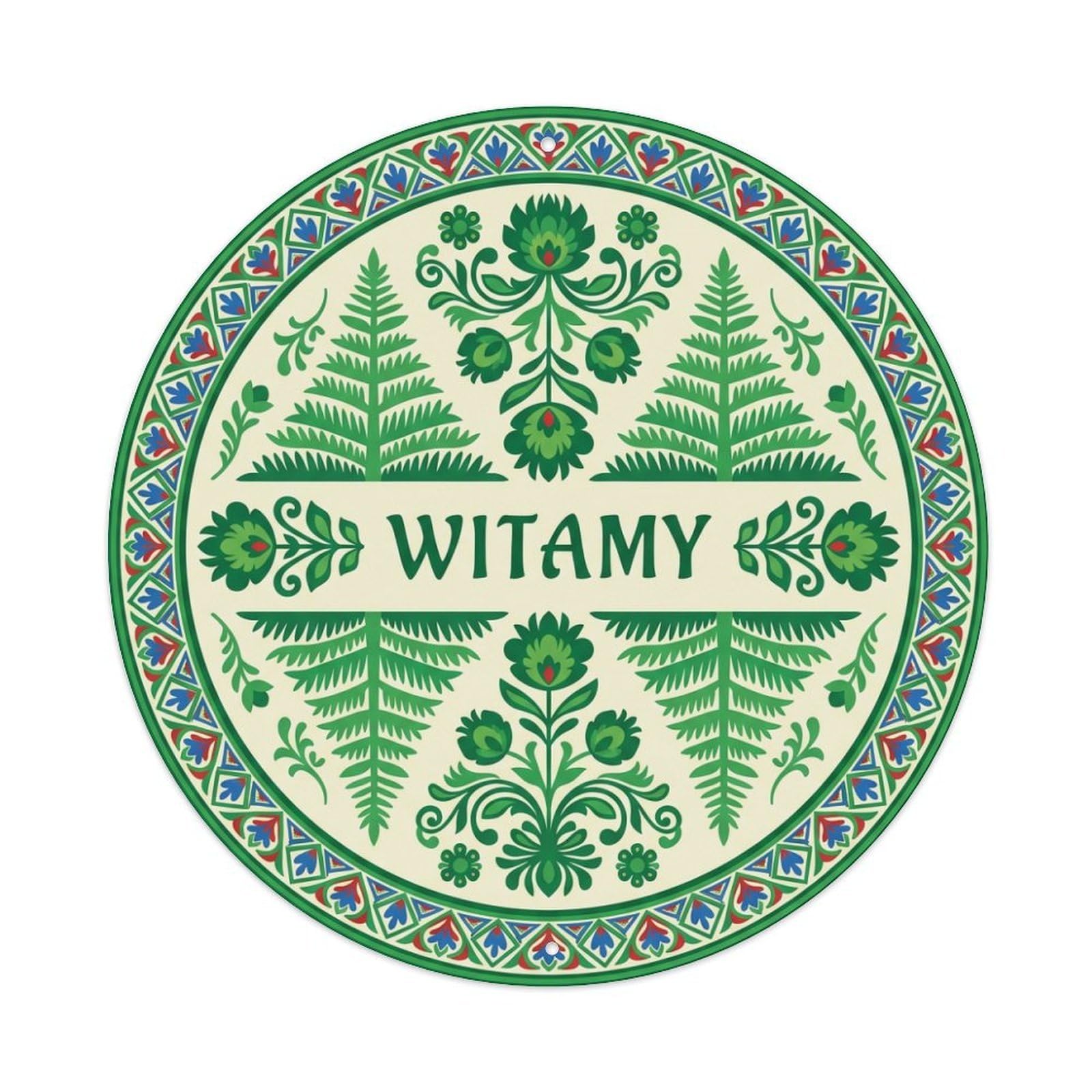Fyrn Style Metal Tin Sign Vintage Polish Folk Art Witamy Welcome Bracken Fern