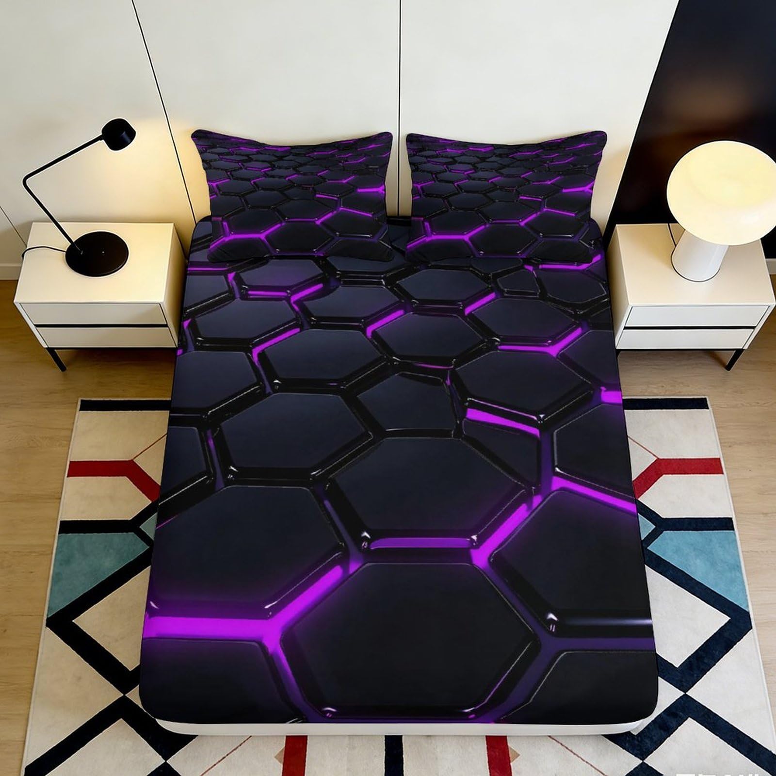 3D Printed Hexagon Pattern Fitted Sheet Microfiber Black Purple Geometric Mattress Cover for Bedroom Dorm Apartment Decor 90x200x25cm