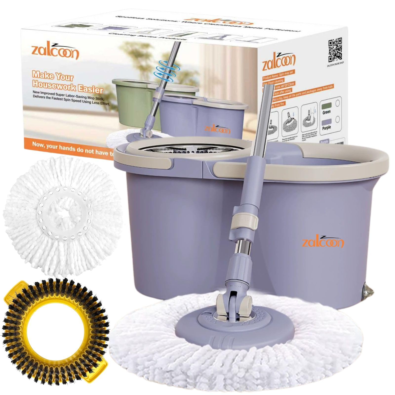 Spin Mop and Bucket with Wringer Set, 360° Spinning Mop and Bucket System with 2 Replacement Heads, Stainless Steel Adjustable Handle and Scrub Brush for Floor Cleaning (Purple)