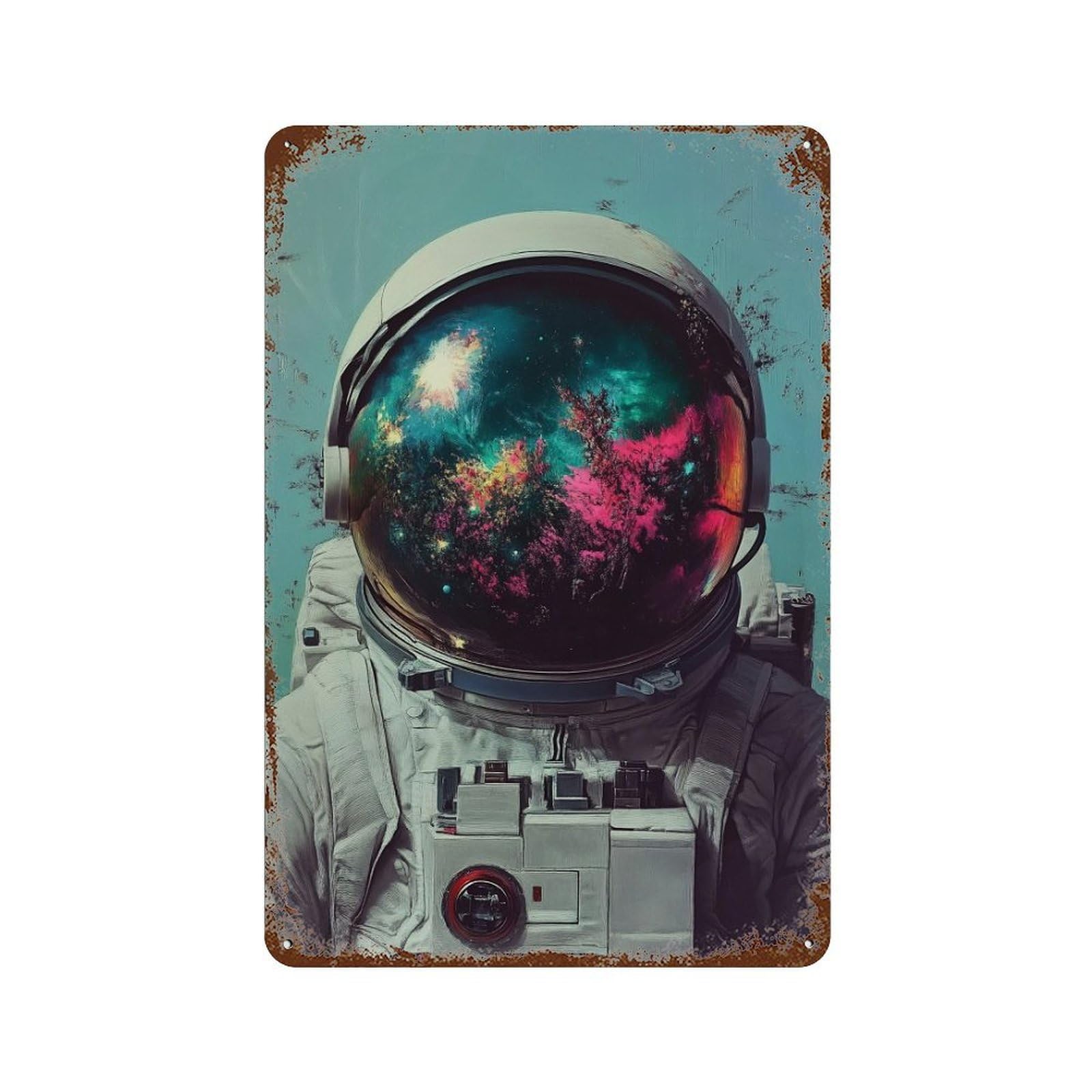 Cosmic Astronaut Helmet-14 Aged Metal Wall Plaque 11.8"x7.9", Industrial Home Decor for Garage, Pub Or Kitchen