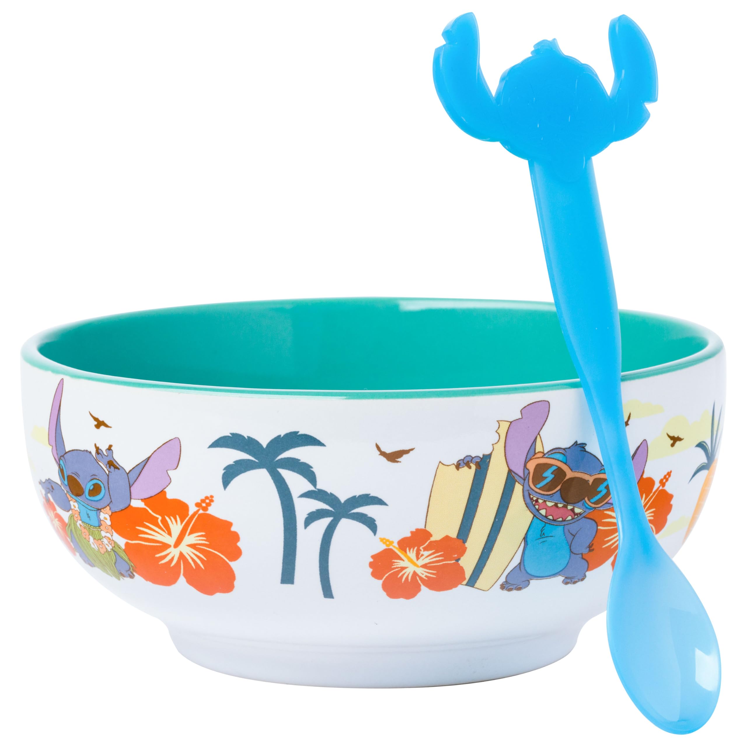 Silver Buffalo Disney Lilo and Stitch Tropical Ceramic Bowl with Color Changing Spoon Featuring Stitch, 28 Ounces
