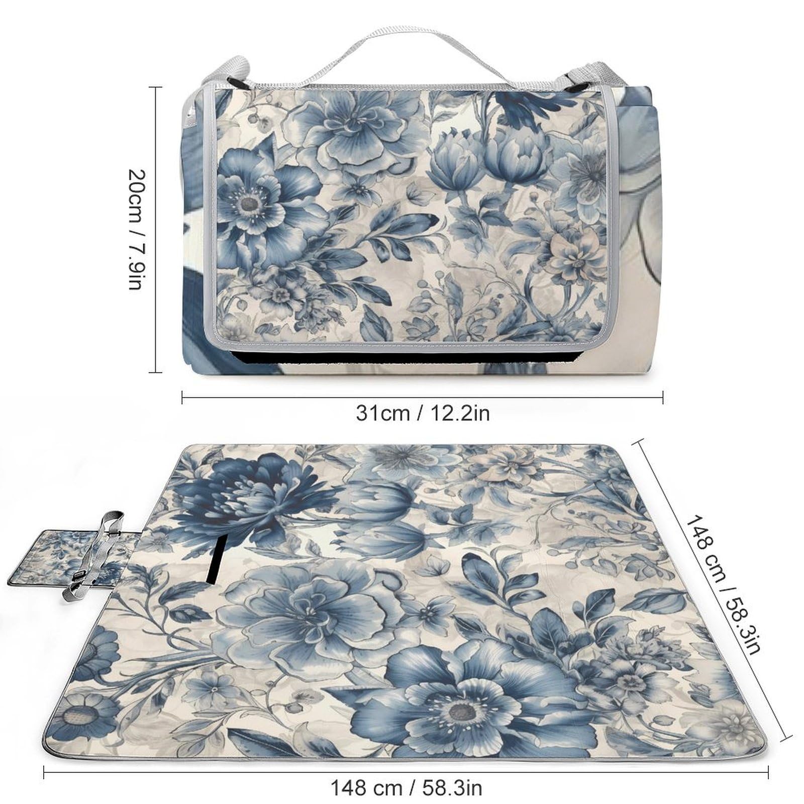 Coperta da picnic da spiaggia, motivo floreale blu, coperta da picnic impermeabile, pieghevole, extra large, tappetino quadrato da picnic, per escursioni, viaggi, campeggio all'aperto, parchi