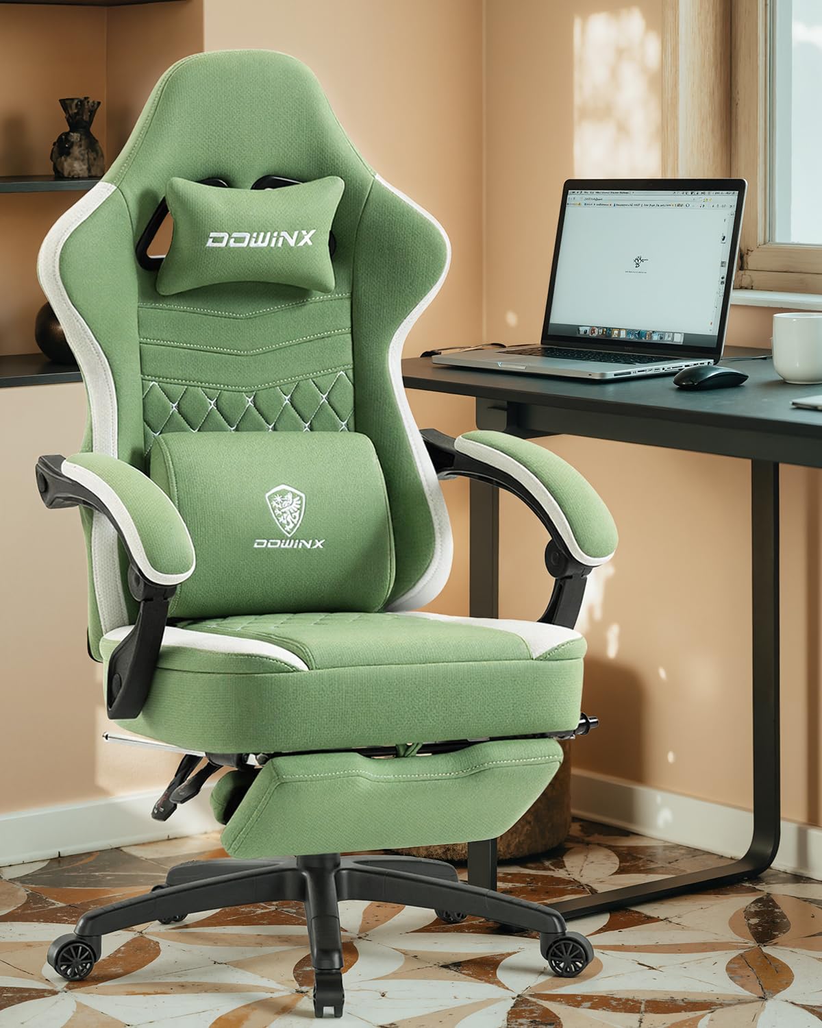 Dowinx Gaming Chair Breathable Fabric Game Chair with Gel Pad and Storage Bag, Comfortable Gamer Chair with Pocket Spring Cushion,Ergonomic Computer Chair with Footrest,: Green