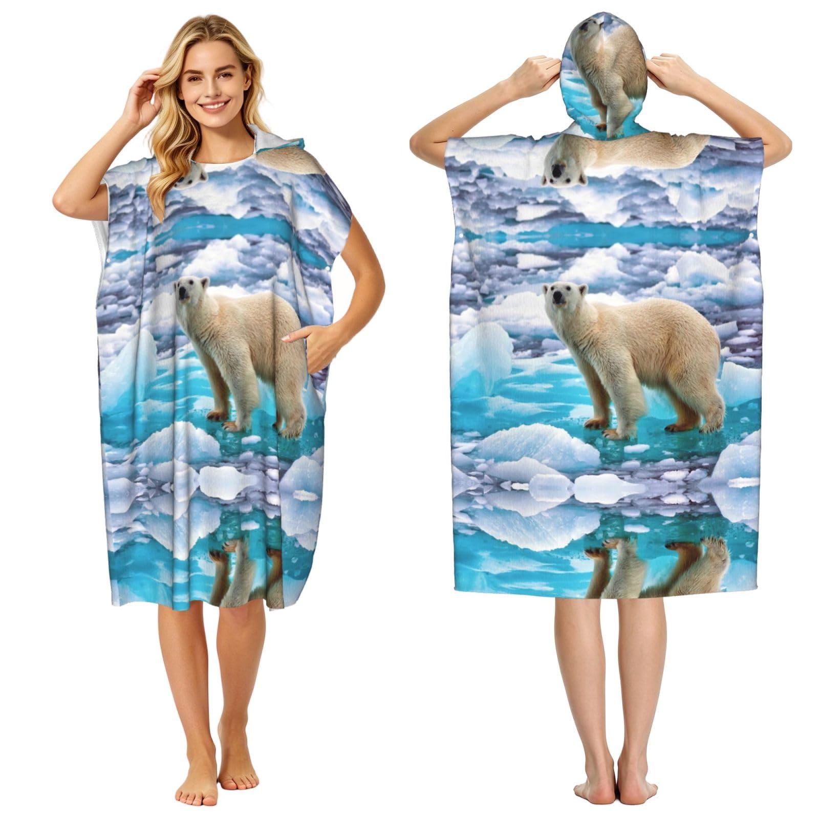 Poncho à capuche en microfibre avec imprimé ours pour adultes