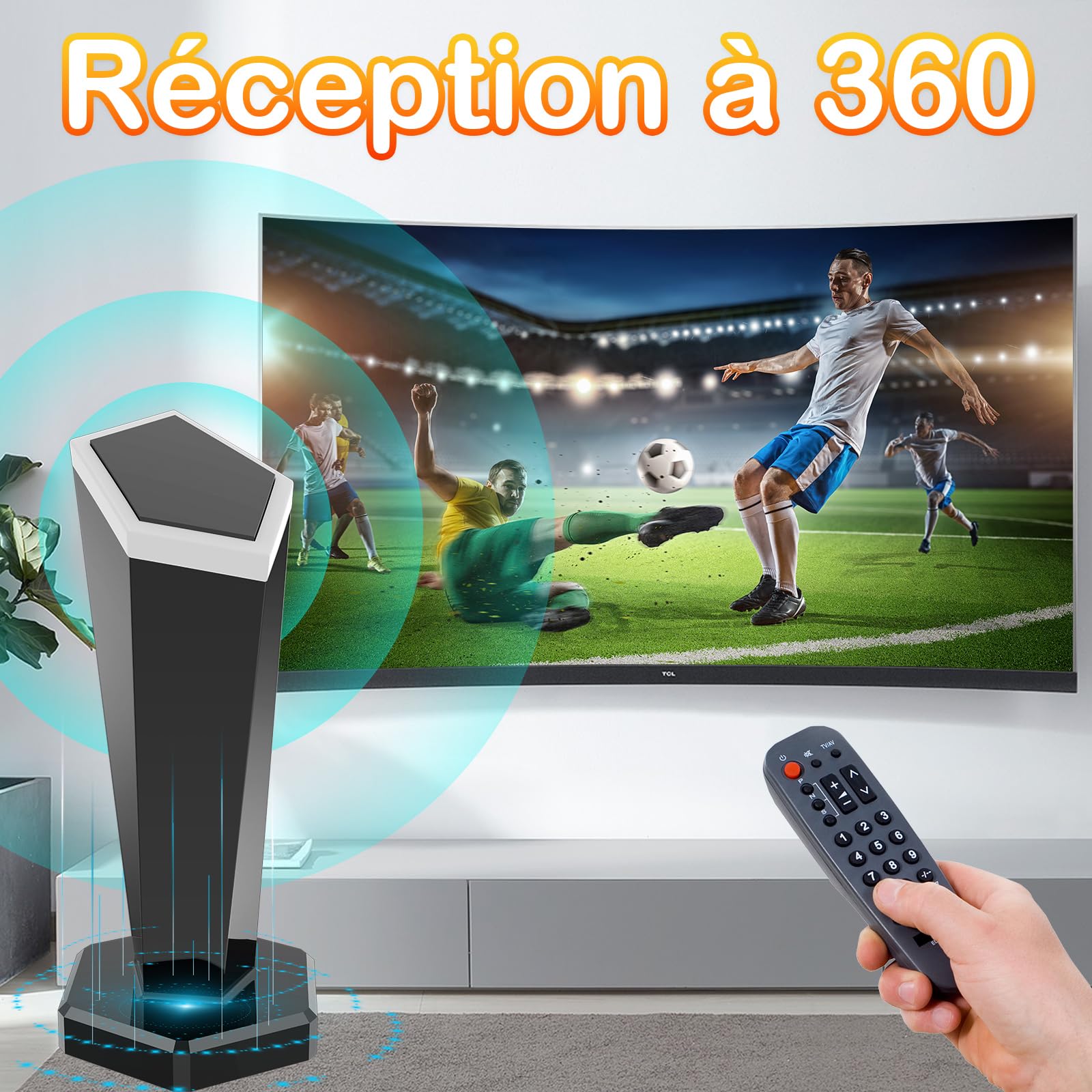 Antenne TV Intérieure Puissante TNT,460+KM Antenne TNT IntéRieur avec Amplificateur de Signal à Gain Élevé,Réception Longue Portée à 360°,Compatible avec Smart TV 4K/1080P/Tous Les TVs