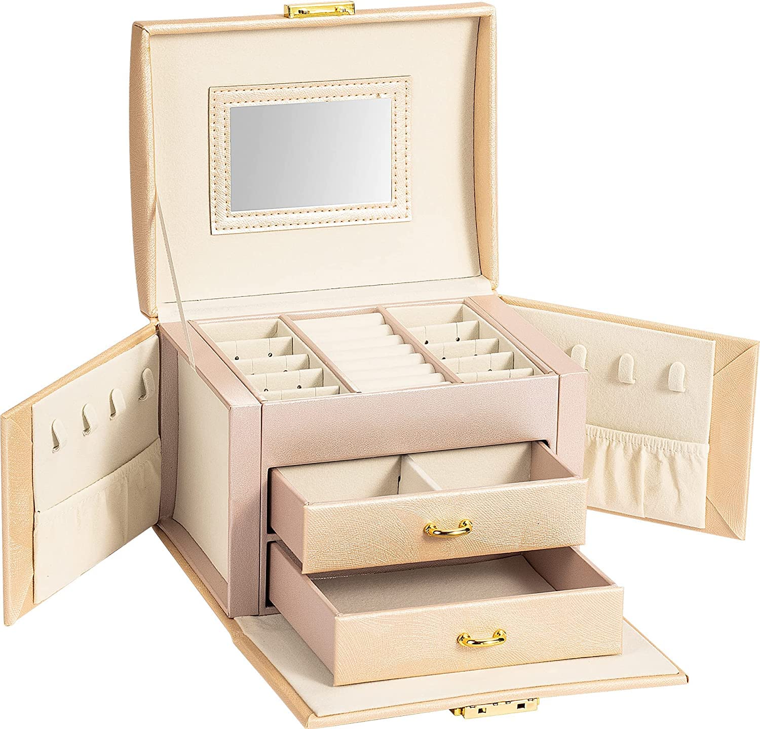 YouBella Jewellery Organiser MultiLayer PU Leather Portable Lockable Storage Box Case with Dividers Container for Rings, Earrings, Necklace Home Organizer, Beige