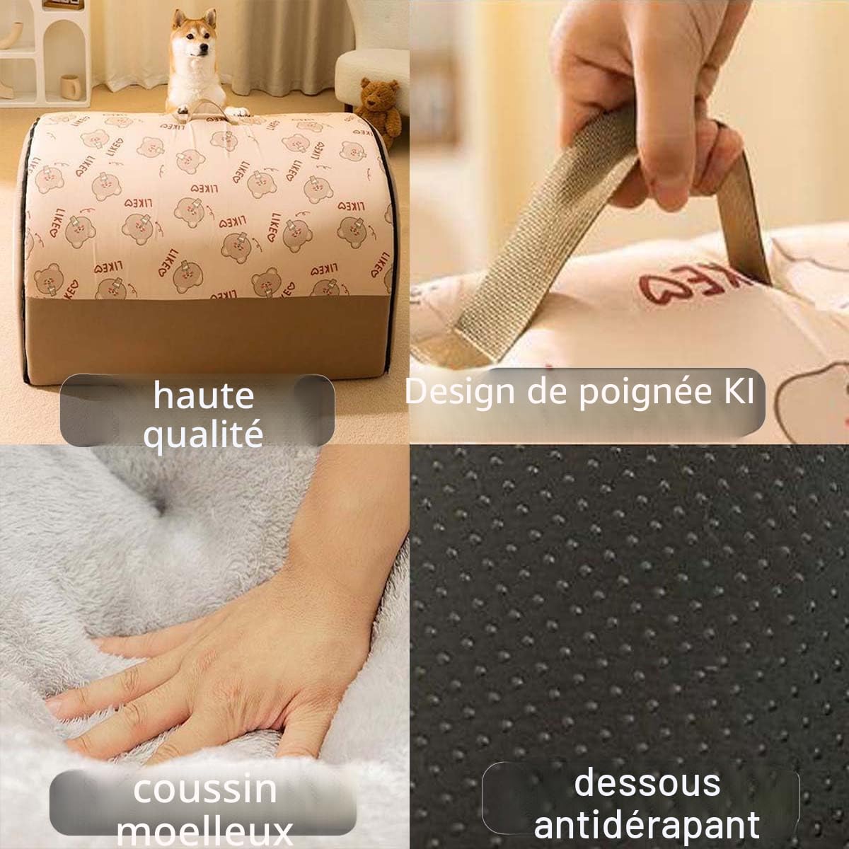 Niche 2 en 1 pour chiens avec coussin anti-anxiété doux et chaud, niche apaisante pliable, lit igloo antidérapant, amovible et lavable (L: 60 x 45 x 40 cm)