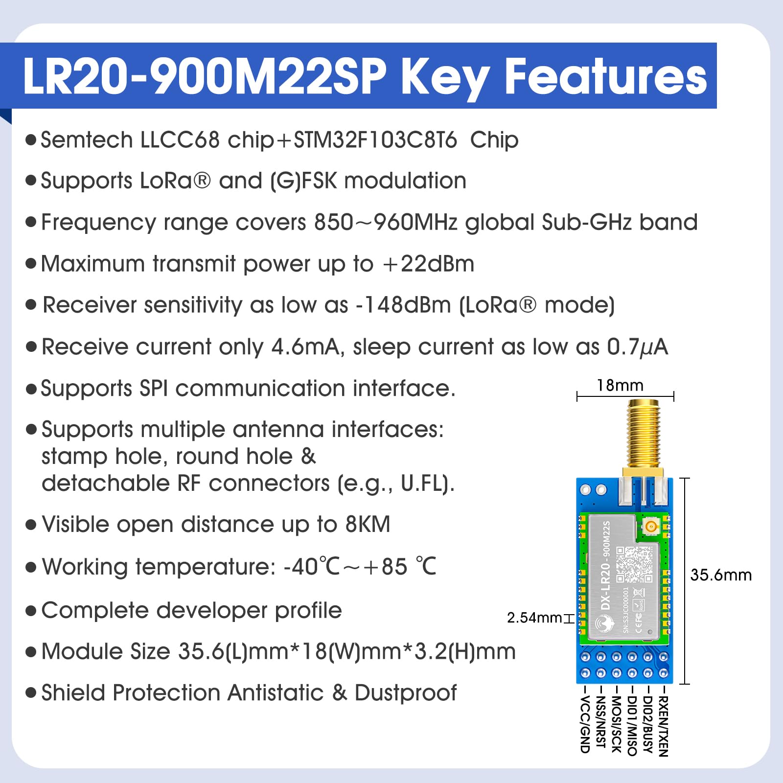 DX-LR20 LLCC68 Chip Developer SET Support Air Wake-up 8km 22dBm UART LoRa SpreadSpectrum Technology 868/915mhz Modulo RF LoRa (DX- LR20-900-T1)