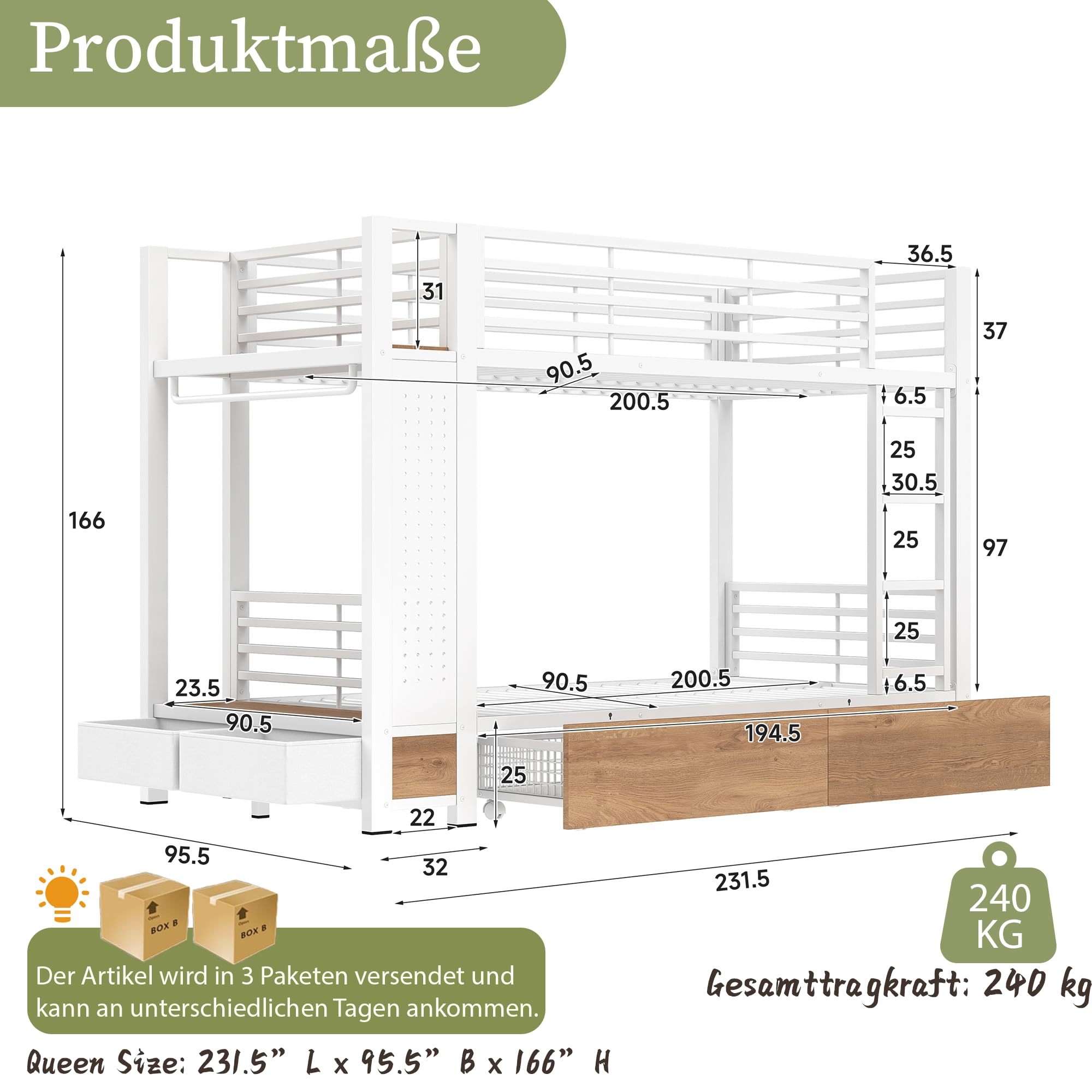 Duxelifen Etagenbett 90x200 cm Eisenrahmen mit LED & Stauraum, Weiß