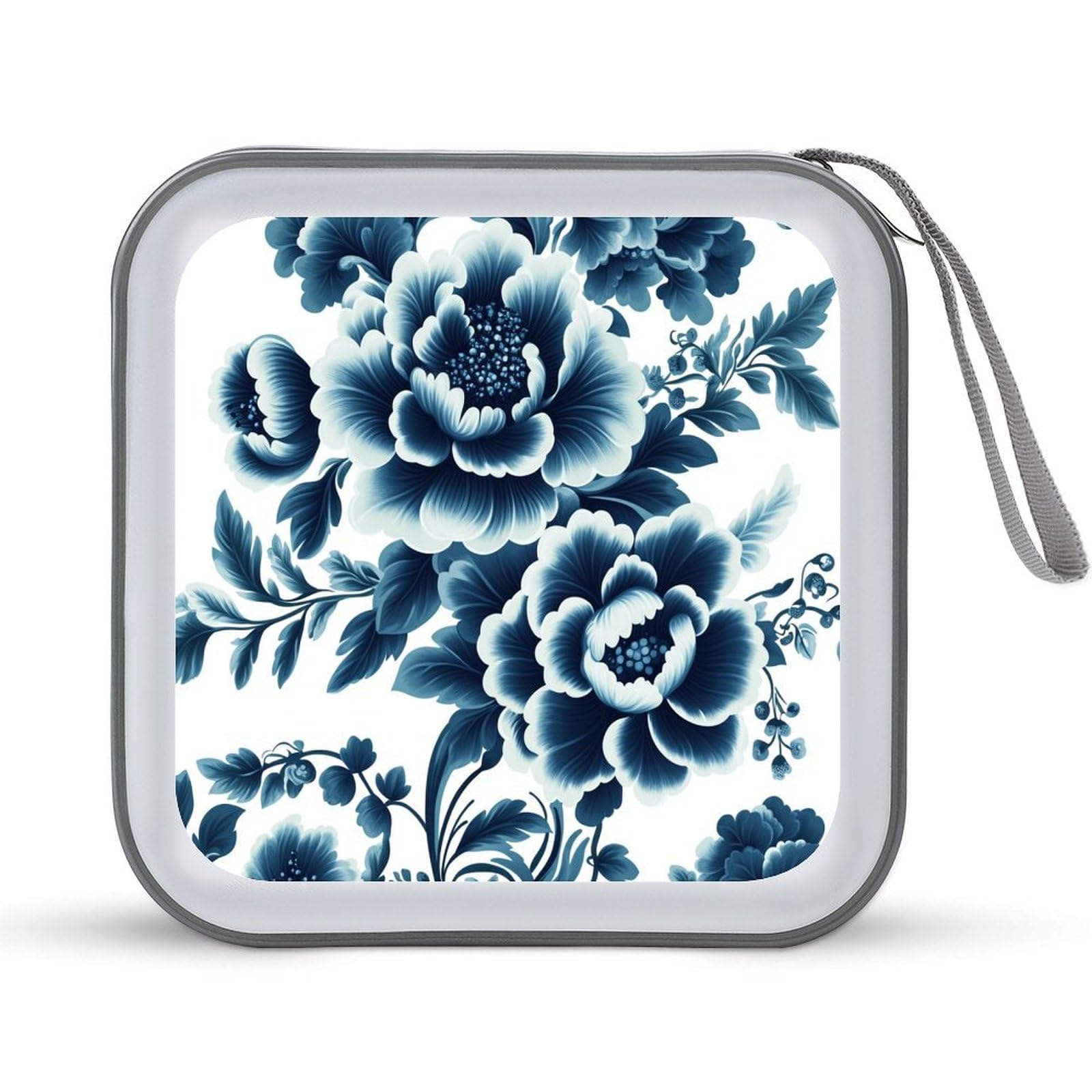 Dark Blue Flowers And Foliage CD Case DVD Storage Case Portable