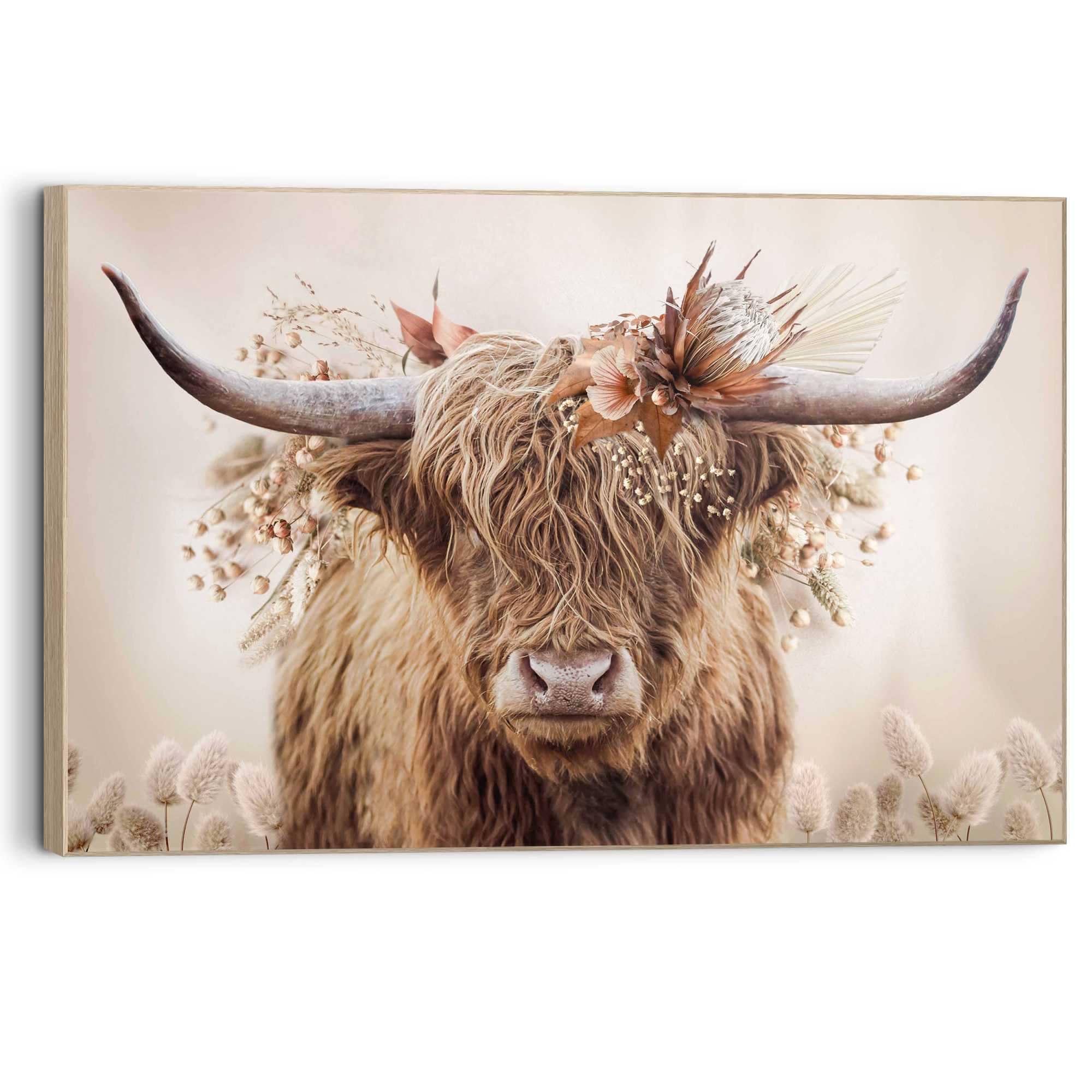 REINDERS Wandbild, Highlander in Blumen, Wohnzimmer, Bilder, Wanddeko, Room Decor, MDF, Beige, 90 x 60