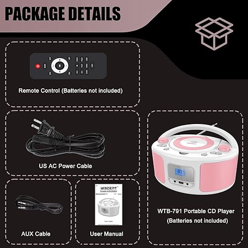 Miniatura 7 de Boombox reproductor de CD portátil con Bluetooth, radio FM estéreo, control remoto, entrada USB y conector de auriculares AUX de 0.138 in,