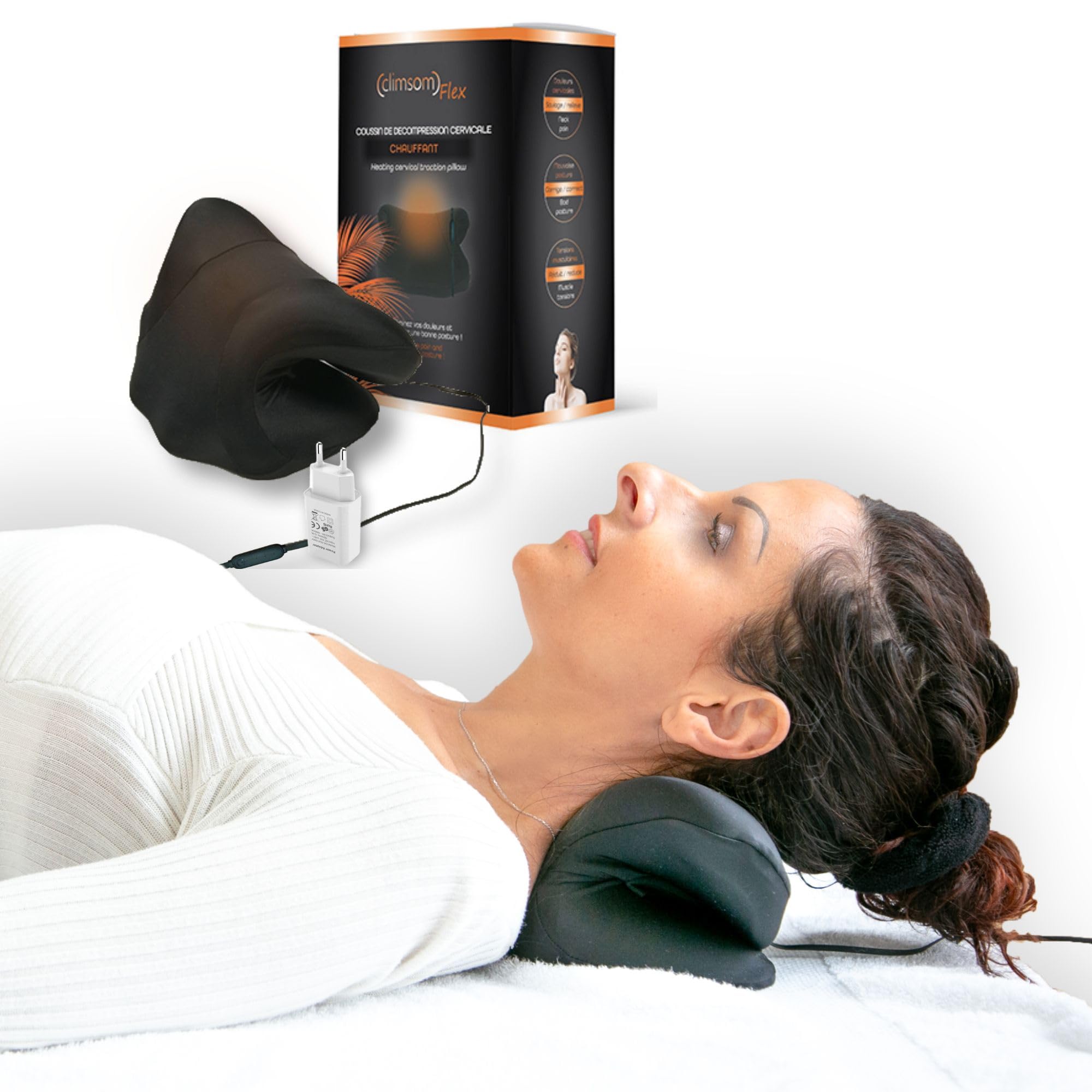 Coussin Traction Cervicale Chauffant Climsom Flex - Décompression Cervicale & Lordose - Housse Graphène 3 Niveaux 40/45/50°C - Soulage Cervicalgie, Contractures, Nuque Raide - Recommandé Kiné