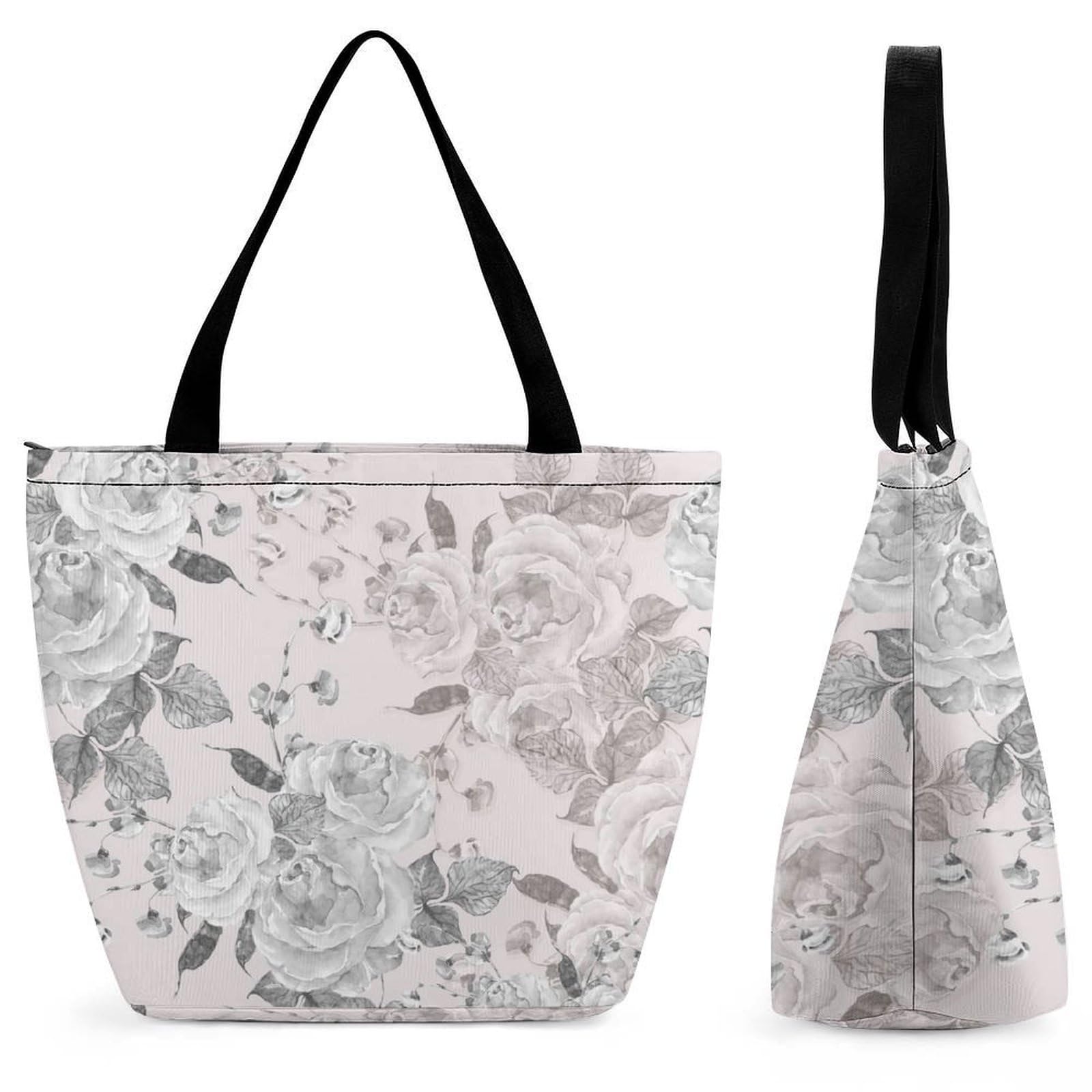 Sac de shopping pour voyage fleur gris blanc pratique - 8