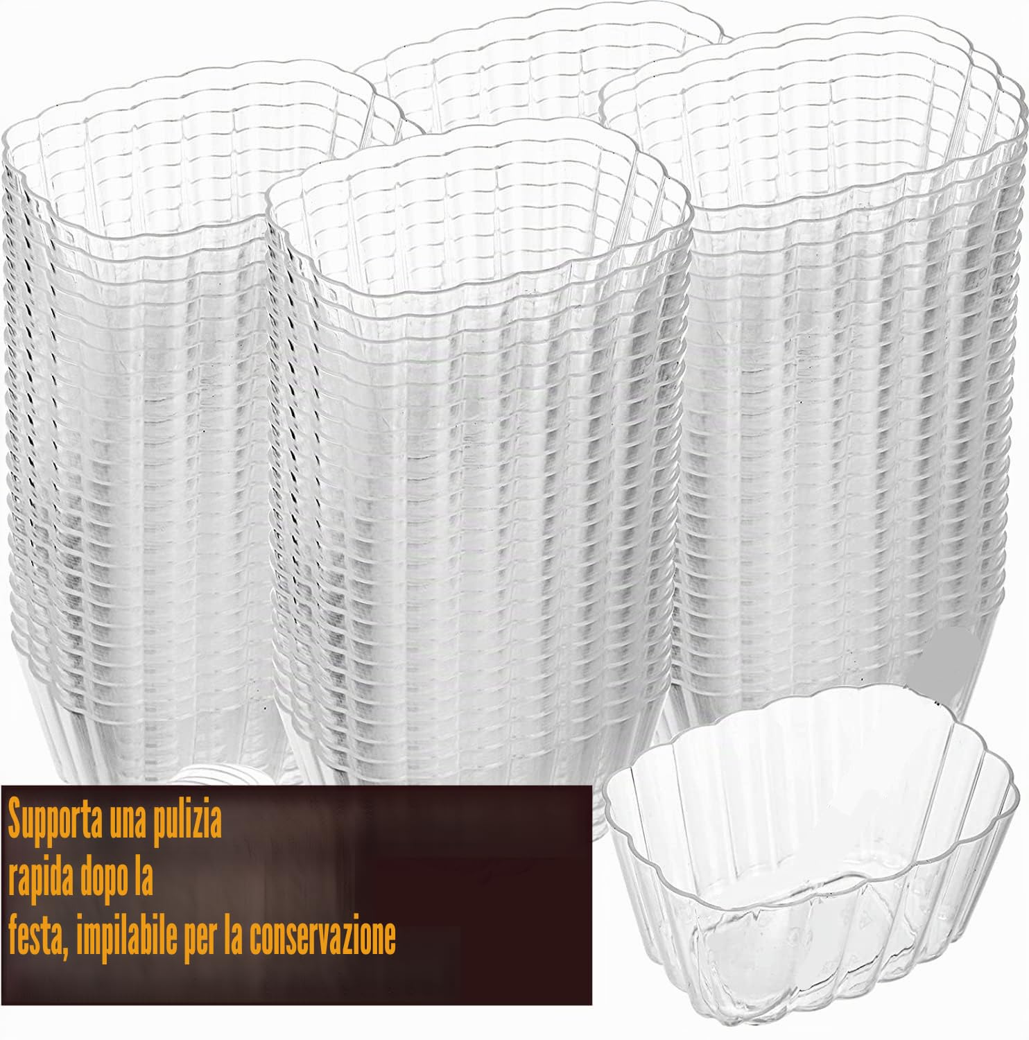 LATERN 50 Pezzi Tazze da Dessert in Plastica, 150ml Coppe da Dessert Quadrate Ripple Tazza di Antipasto Semifreddo Trasparente Ciotola da Portata Riutilizzabile per Mousse Budino Festa (8,3 x 6,3cm)