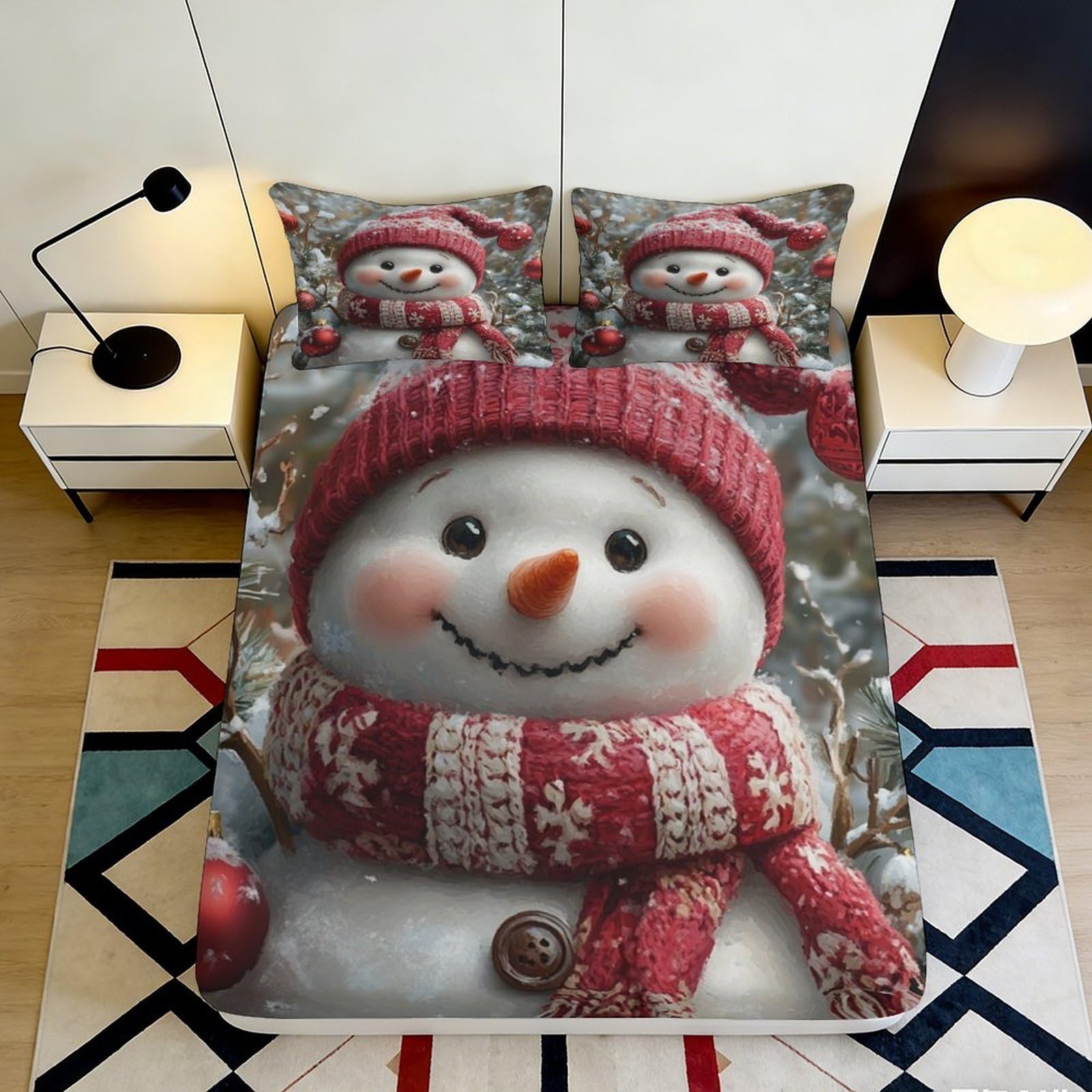 3D Printed Snowman Fitted Sheet Microfiber Soft Christmas Winter Red Scarf Bed Cover for Bedroom Guest Room Decor 90x200x25cm