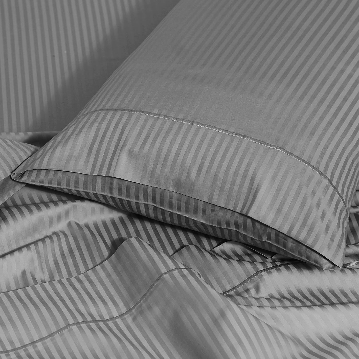 Feather & Stitch 100% Cotton King Pillow Covers Set of 2, 500TC Envelope Closure Pillowcases, Soft Luxury Damask Stripe Sateen Weave Pillow Case for Sleeping, 20x40 Inches - Grey