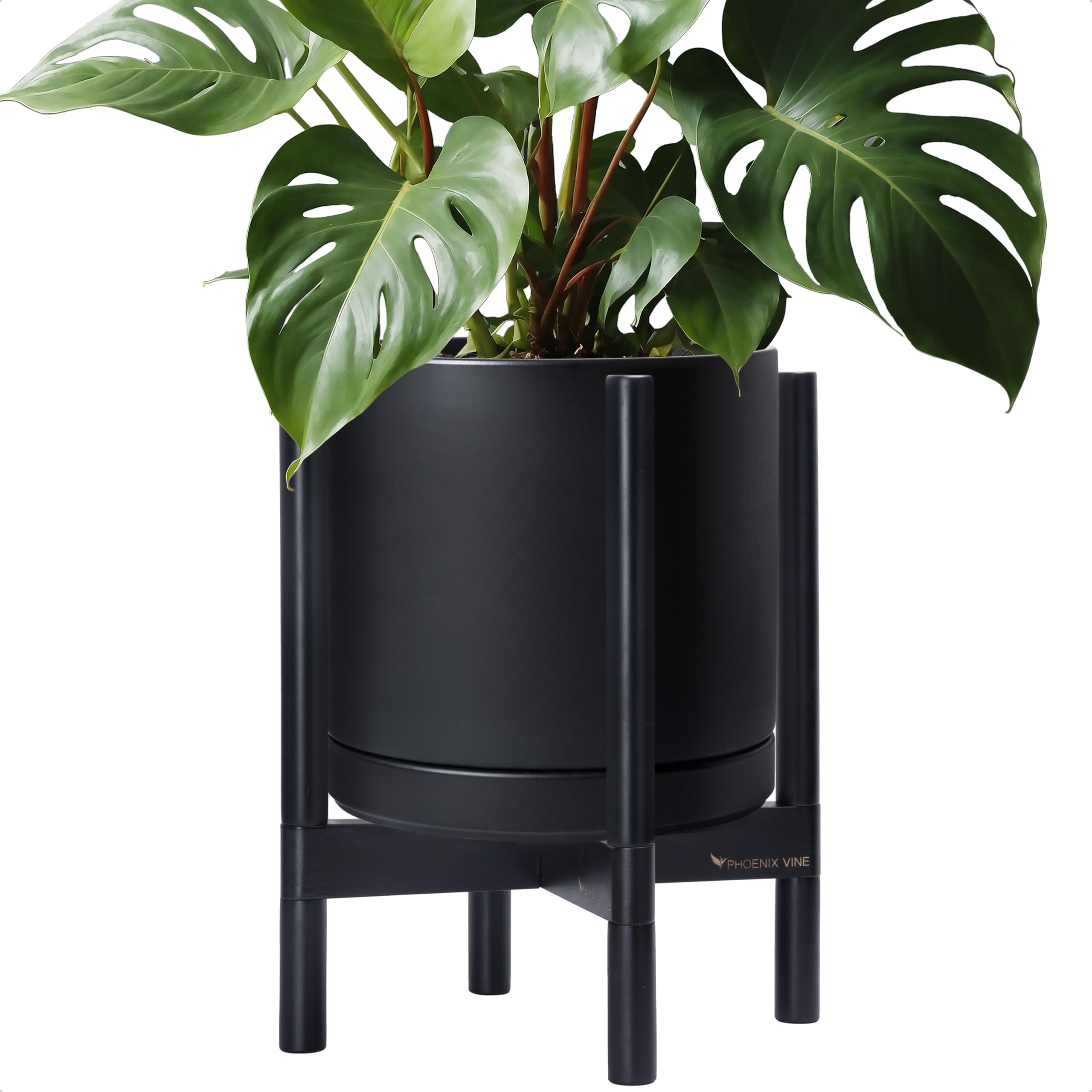 D'vine Dev Ceramic Planter with Ebony Stand - 12 Inch Modern Round Flower Pot with Wood Planter Holder, Black, 55-B-H-2