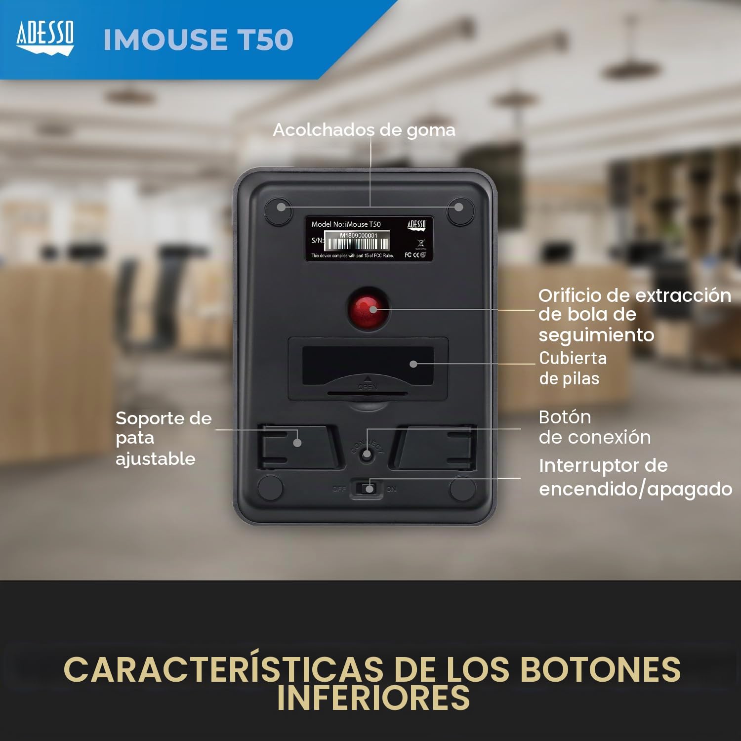 Adesso iMouse T50 - Ratón (Ambidextro, Trackball, RF Wireless, 4800 DPI, Black, Rojo)