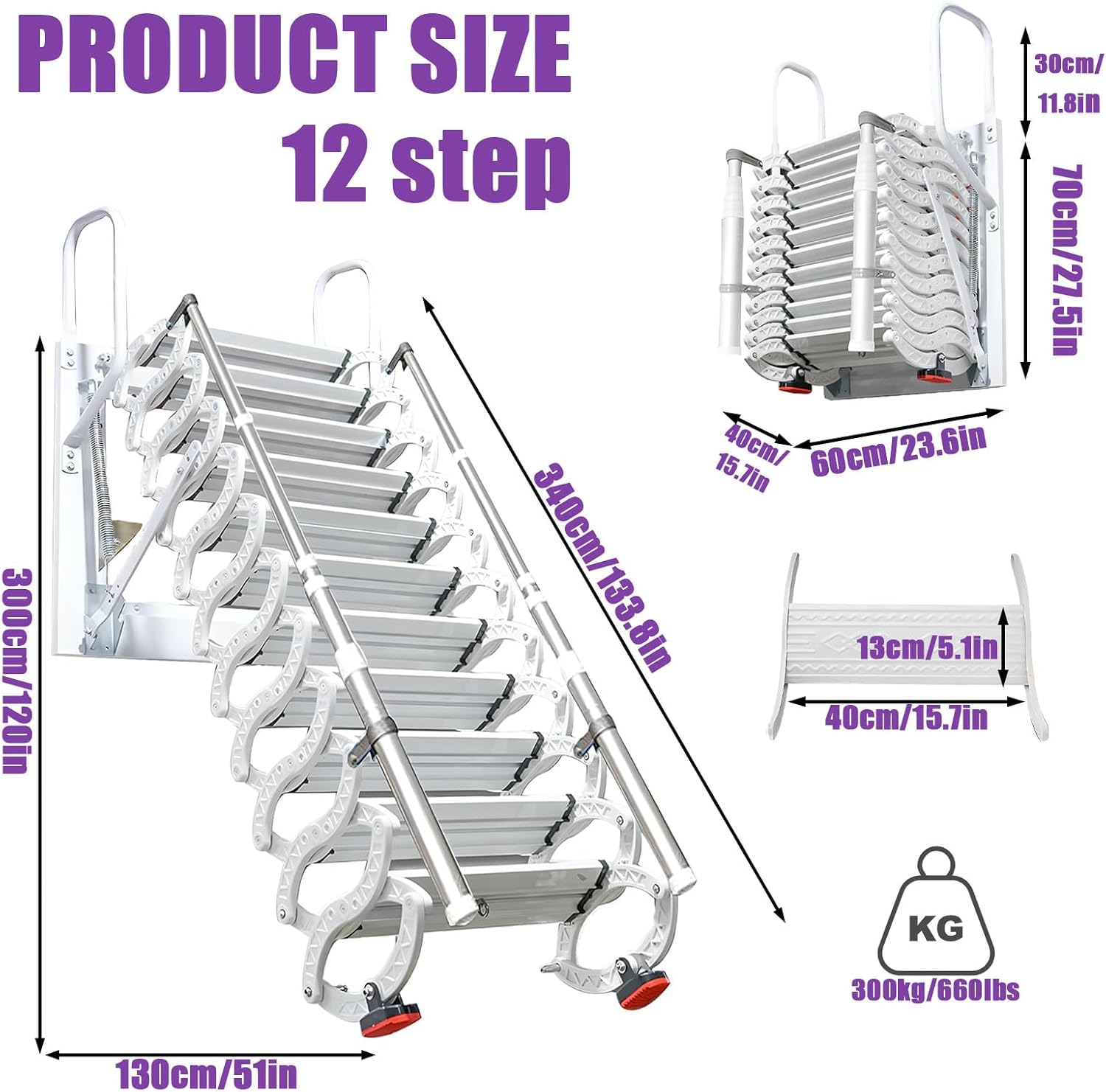 10FT Pull Down Attic Stairs, 12 Steps Wall Mounted Folding Loft Ladder,Extension Steps Ladder with Armrests， Folding Loft Staircase with Handrails