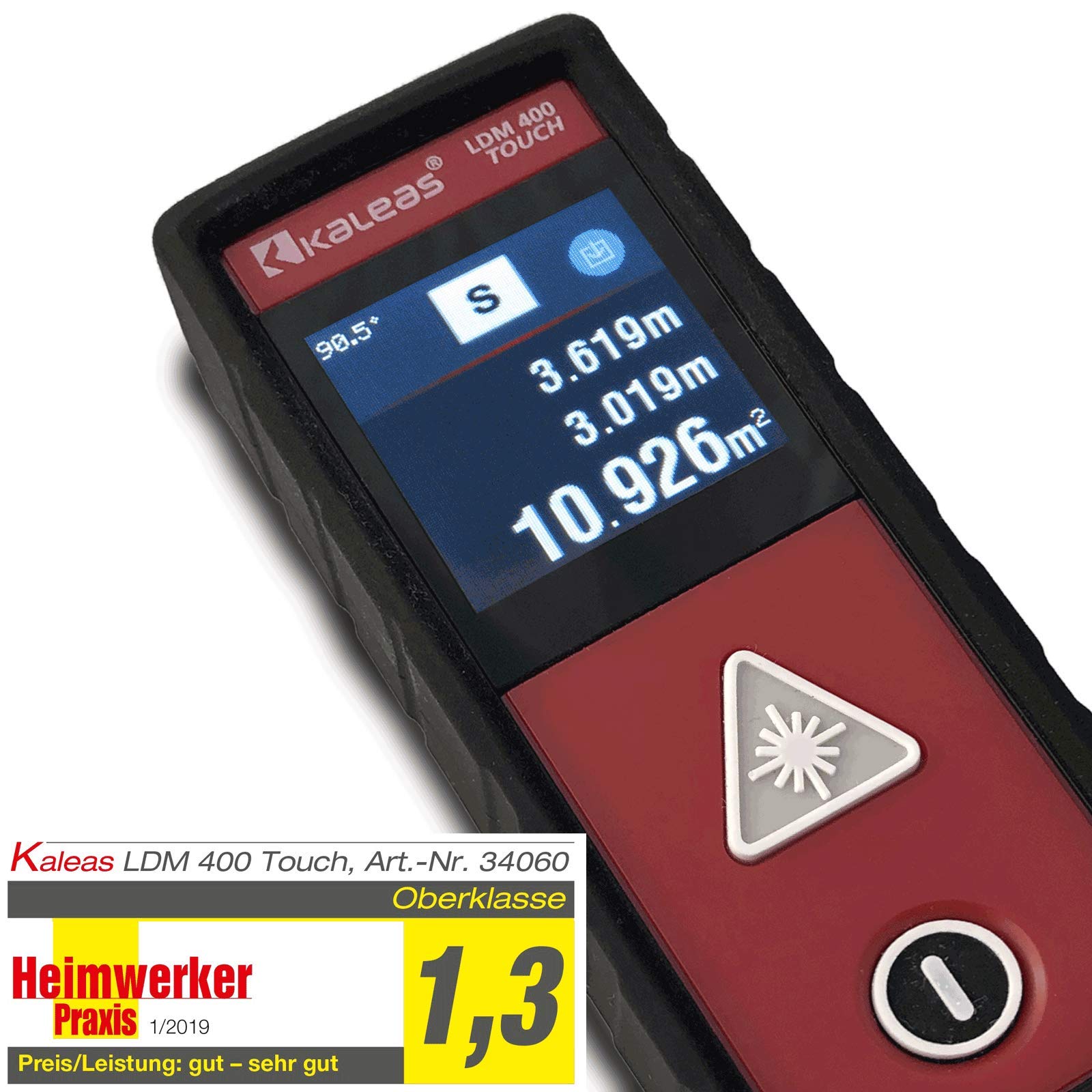 Profi-Laser-Entfernungsmesser LDM 400 Touch für Entfernung bis 40m [Genauigkeit ±2mm] mit Touch-Screen, Neigungsmesser, TPE Schutzhülle und patentierter Laser-Winkelmessung (34060)