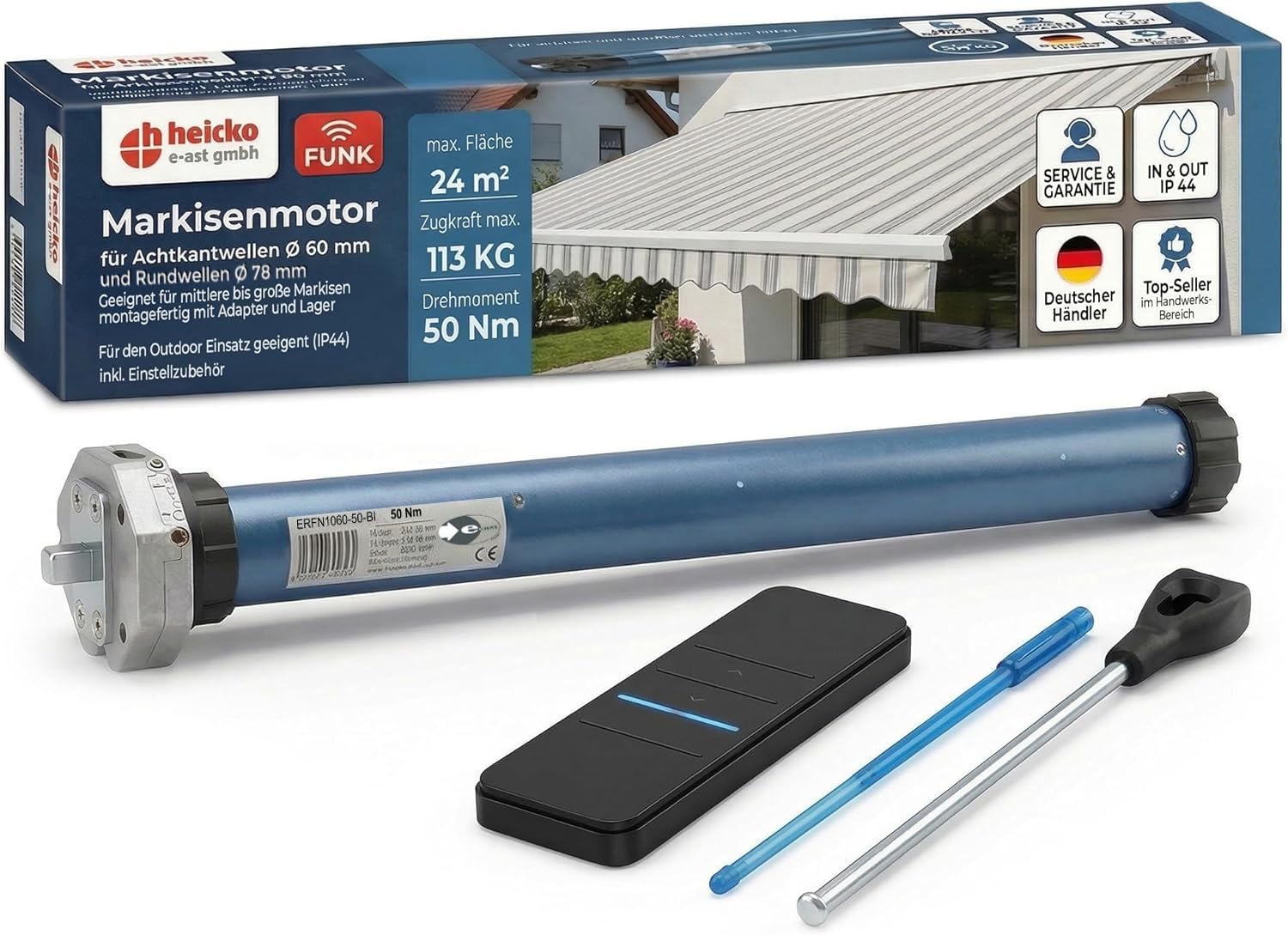 h Markisenmotor-Set 50 Nm mit Notkurbelfunktion & Funk – Inkl. 1-Kanal Handfunksender – Universell für Gelenkarm-, Kassetten- & Fallarmmarkisen bis 24 m² – 78 mm Rund & 60 mm 8-Kant