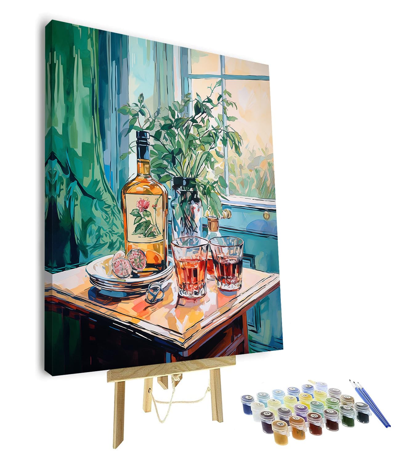 TISHIRON Framed Paint by Numbers Kit for Adults Beginners, 16" Wx20 L Canvas Painting Drawing Acrylic Paintwork with 3 Pcs Paintbrushes, Whiskey Watercolor Pictures — image 1