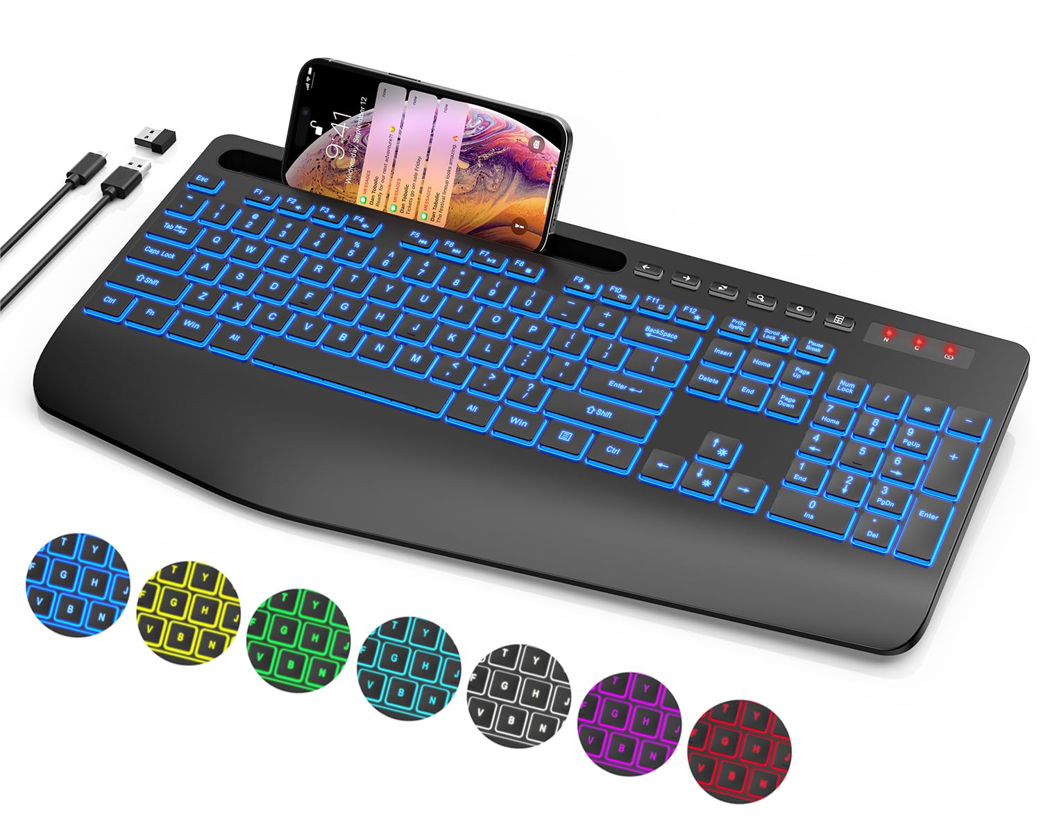 Wireless Keyboard with Wrist Rest & Phone Holder, 7 Colored Backlits, Rechargeable Ergonomic Computer Keyboard with Silent Keys, Full Size Lighted Cordless Keyboard for Windows, Windows, Mac, Laptop