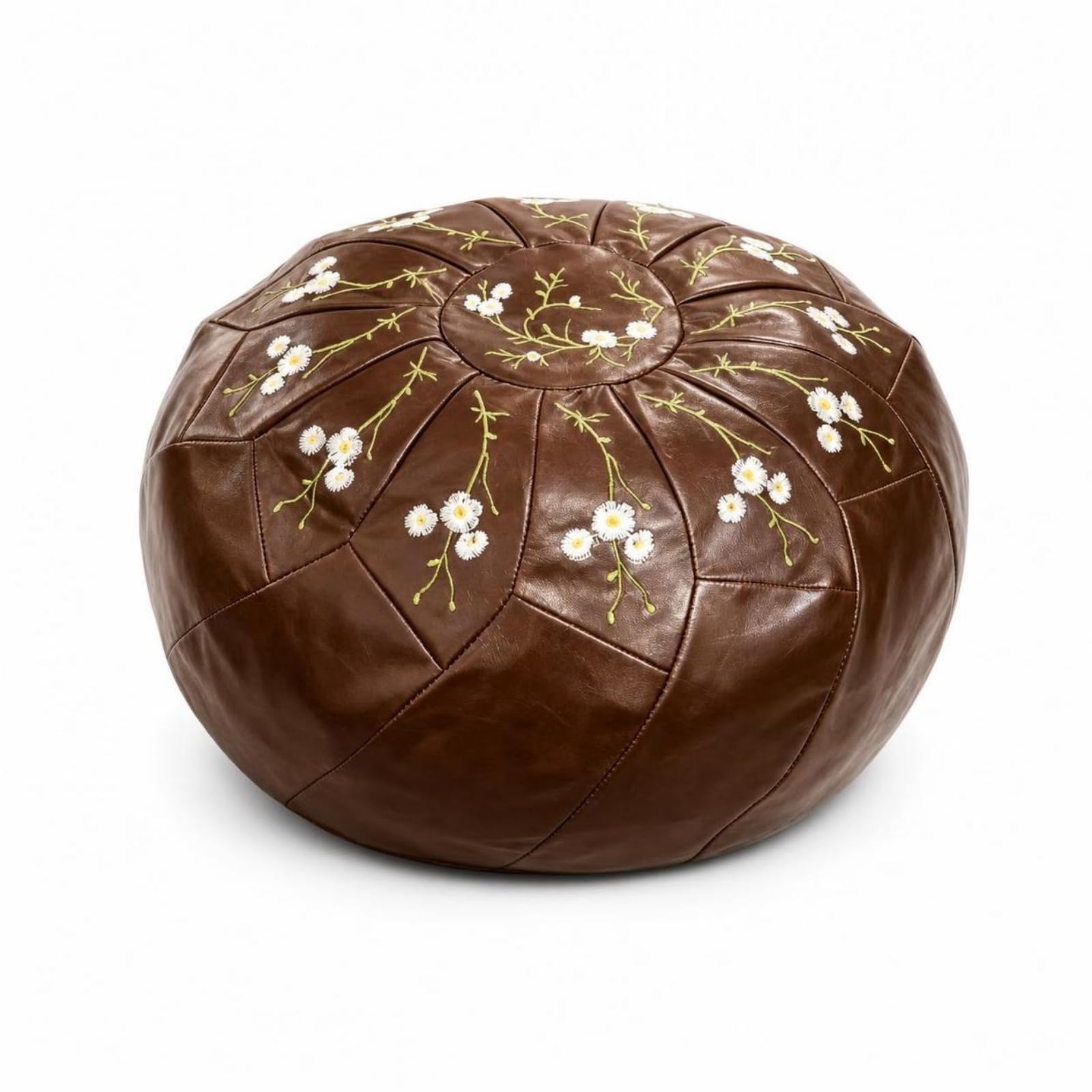 kowaku Pouf Contenitore Rotondo Poggiapiedi Sgabello Cassapanca Pelle Cerata con Ricamo E Finitura Morbida Vano Interno per Piccoli Oggetti Accesso Pratico, Marrone Scuro