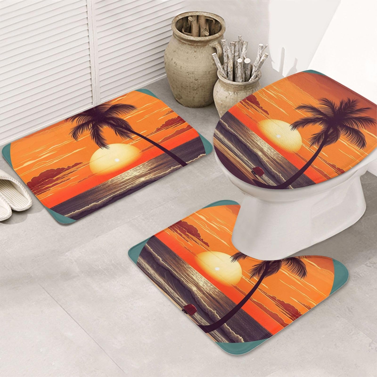 Dwrepo Sunset Beach Palm Tree Print Bathroom Rug Set 3 Piece with Non-Slip U-Shaped Contour Mat and Toilet Lid Cover for Bathroom Decoration
