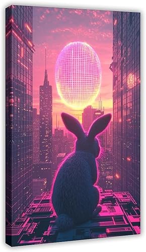 Retro Futuristic Easter Wall Art  Neon Bunny with Cyber Egg  Synthwave 80s Sci-Fi Cityscape Poster  Unique Easter Decor & Gift for Vaporwave Fans