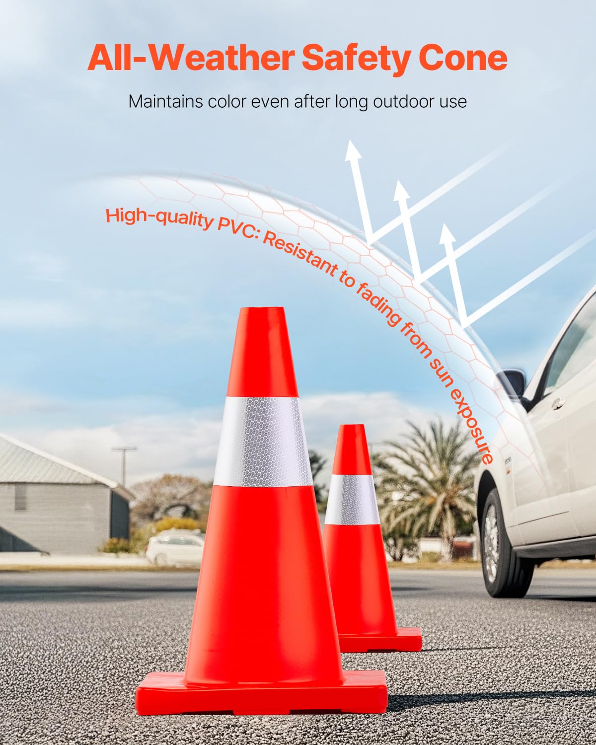 VEVOR Cono de Tráfico 12 Piezas 45,7 cm Pedestal de Obra de PVC Cono de Seguridad con Base Pesada y Collar Reflectante para Demarcación de Estacionamiento de Emergencia en Estacionamiento Carretera