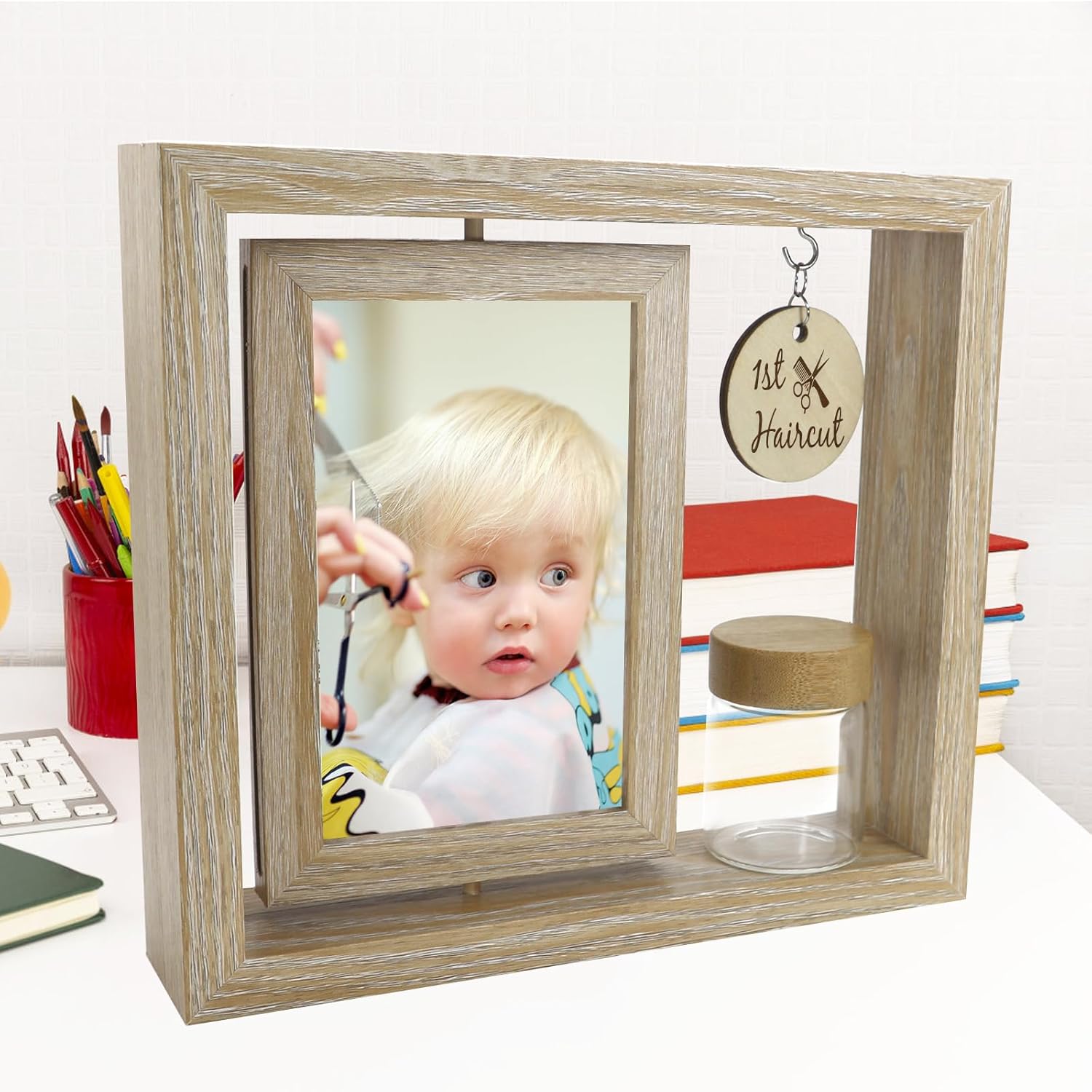 Custom My First Haircut Keepsake Frame - Rotatable Display of Before and After Haircut Photos with Glass Keepsake Jar for Baby Hair,Newborn Memory Gift for Boy or Girl,Holds Two 4x6 Pictures (wood1)