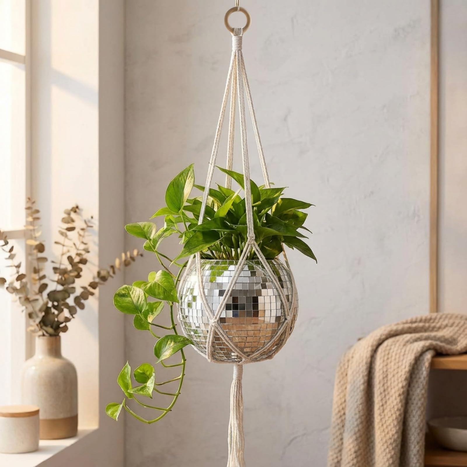 ecofynd Hanging Disco Ball Glass Planter 6" with Flat Base - White Cotton Macrame Plant Hanger- Indoor/Outdoor Plants, Handcraft Xmas Home Décor & Room Décor with Rope-image-47