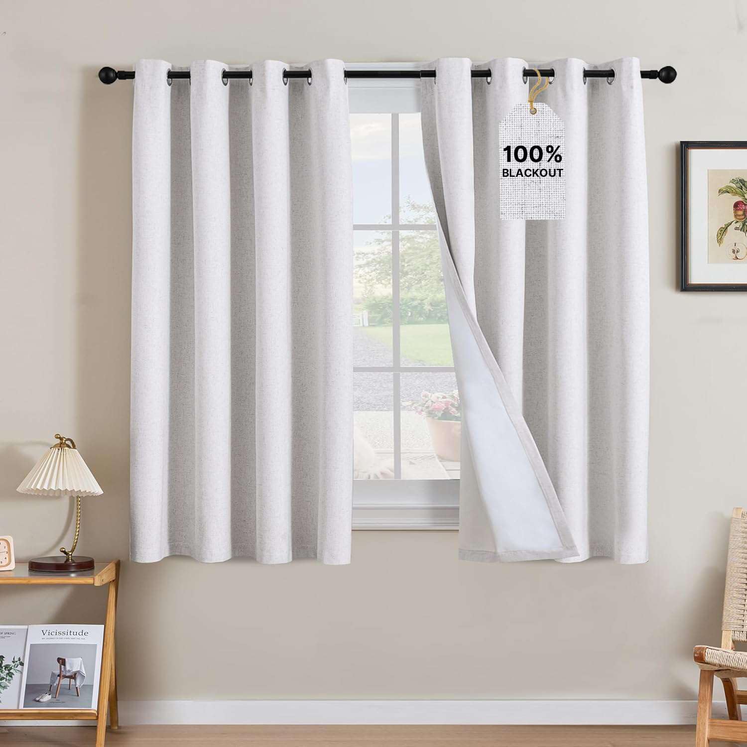 H.VERSAILTEX Linen Curtains 100% Blackout Curtains for Bedroom 54 inch Long Full Light Blocking Nature Linen Blended Window Curtains for Living Room Nickel Grommet (2 Panels, Heathered White)
