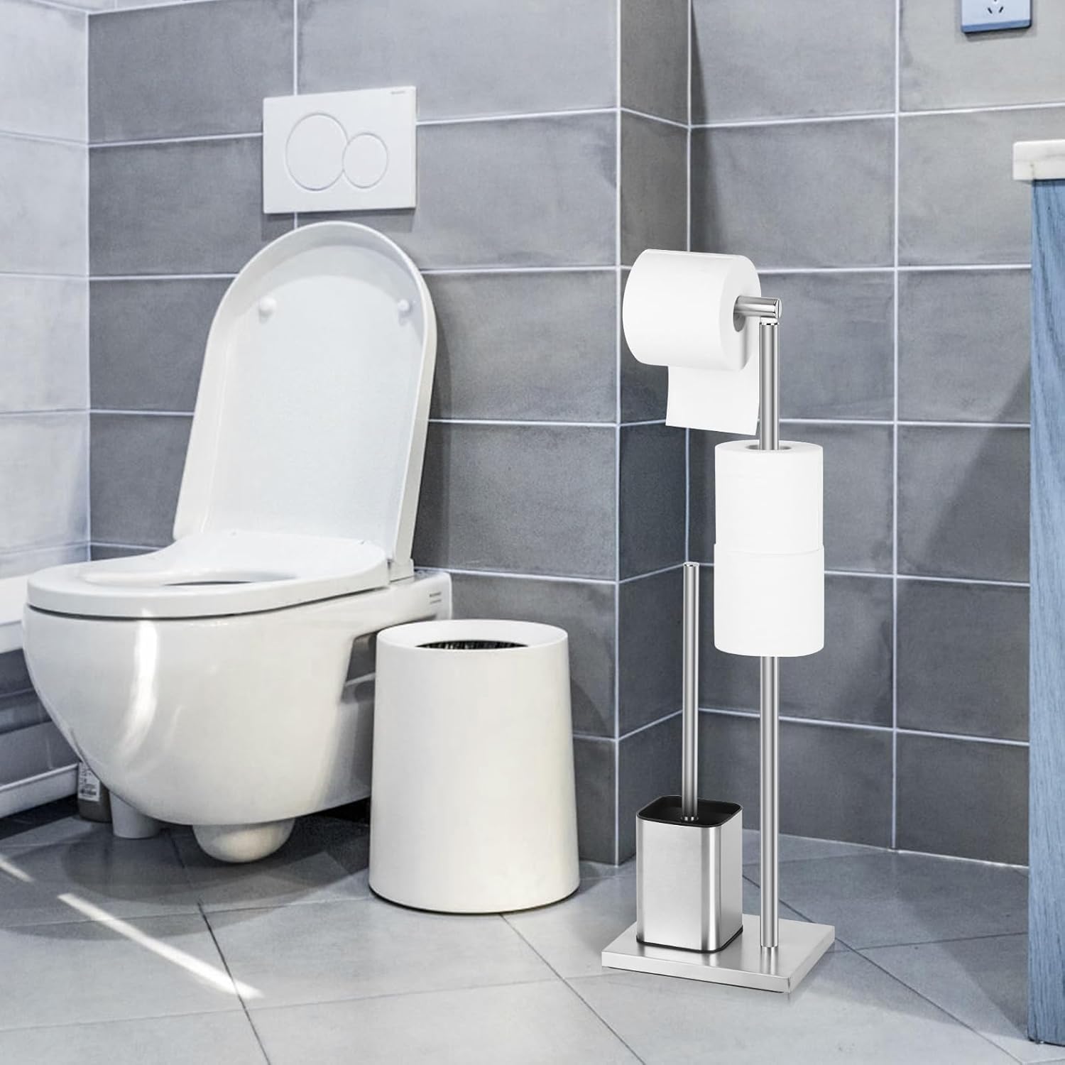 YUET Stojak na papier toaletowy z szczotką do WC ze stali nierdzewnej srebrny