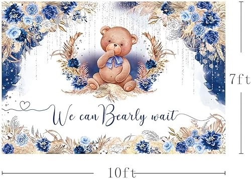 Miniatura 5 de AIBIIN Telón de fondo bohemio para baby shower de 10 x 7 pies para niño, We Can Bearly Wait Oh Baby, fondo de fotografía de flores azul real, hierba