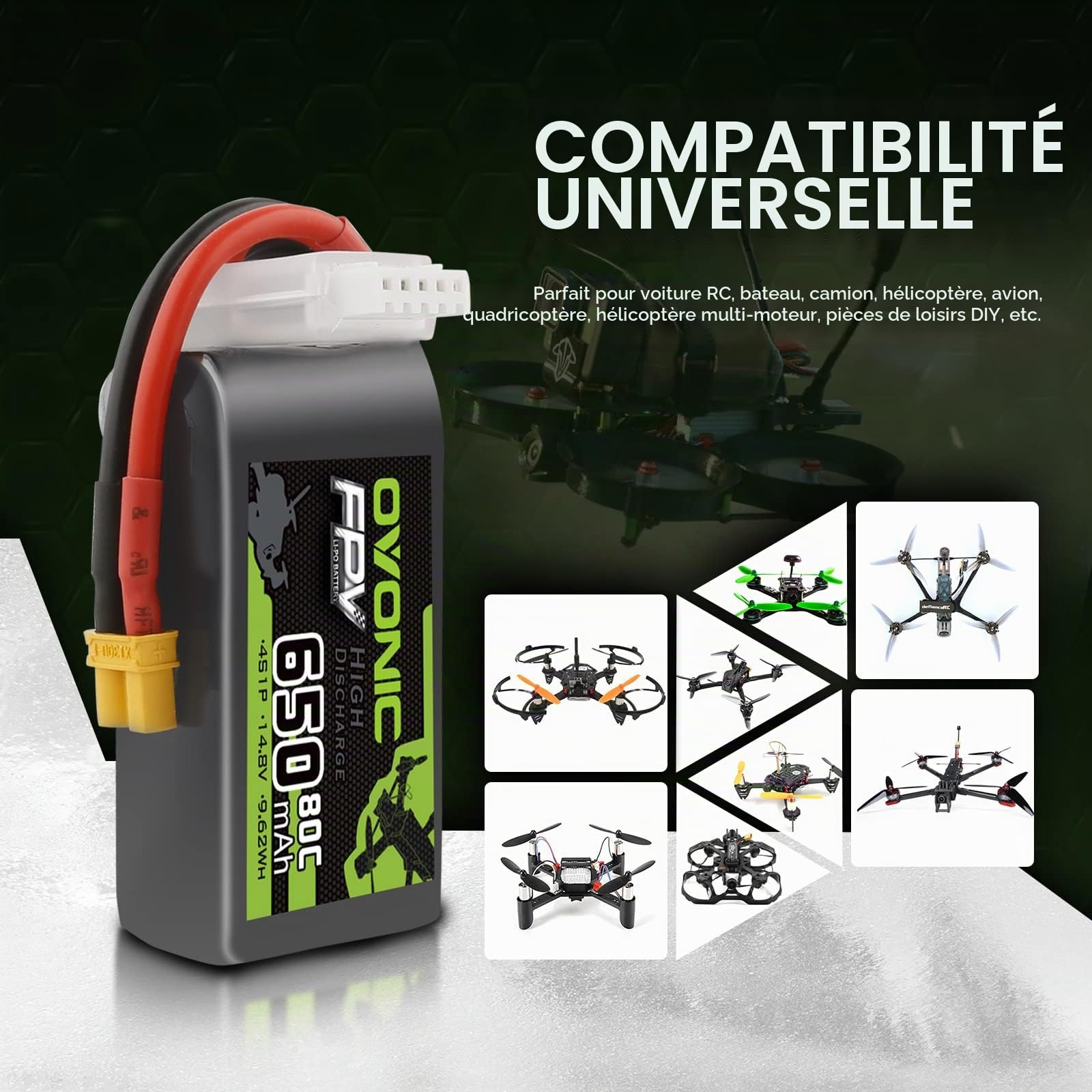 OVONIC Lipo Batterie 4s 80C 650mAh 14.8V avec XT30 pour RC Avion Quadcopter Hélicoptère FPV Racing Drone (4pcs)