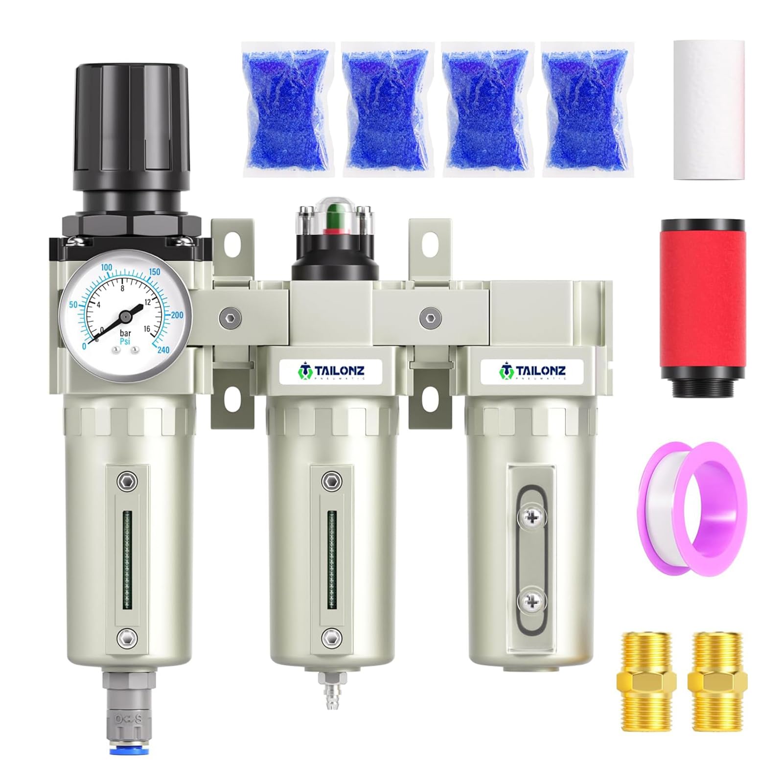 TAILONZ PNEUMATIC 0-1.6MPA 3/4 Inch BSP Système de séchage d'air industriel à trois étages filtre à particules filtre coalescent déshydratant et régulateur d'air (drainage automatique)