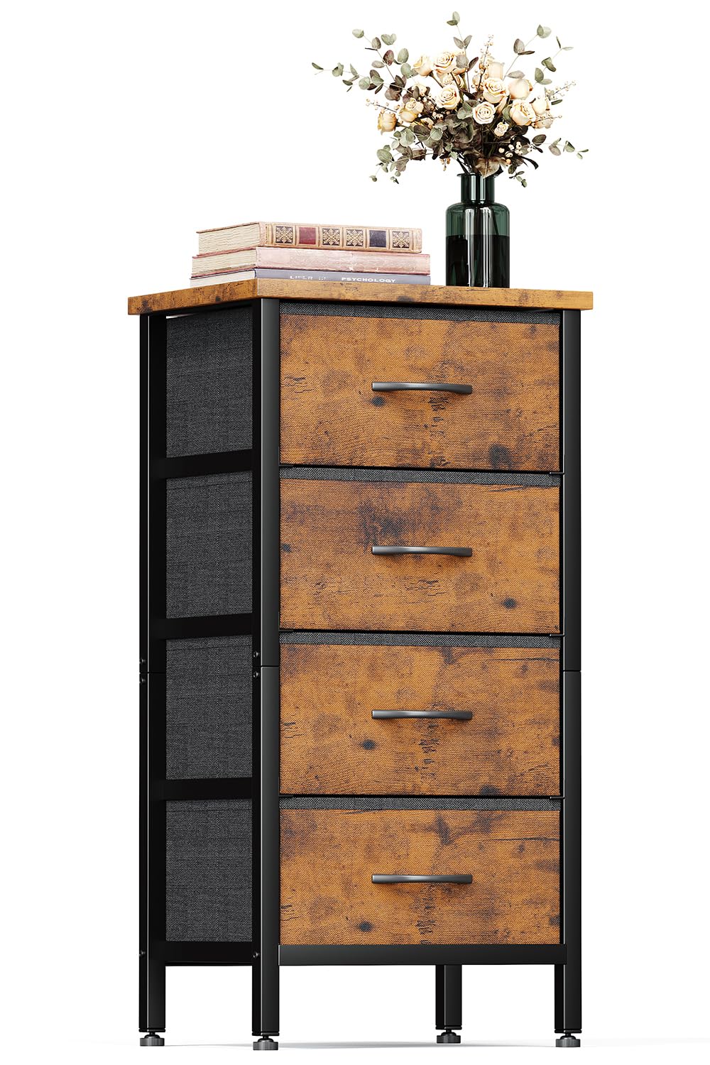 KitMent 4 Drawers Chest of Drawers Bedroom, 80cm Tall Dresser for Closet, Small Fabric Storage Cabinet Organiser Drawer for Living Room, Entryway, Bedside, Rustic Brown
