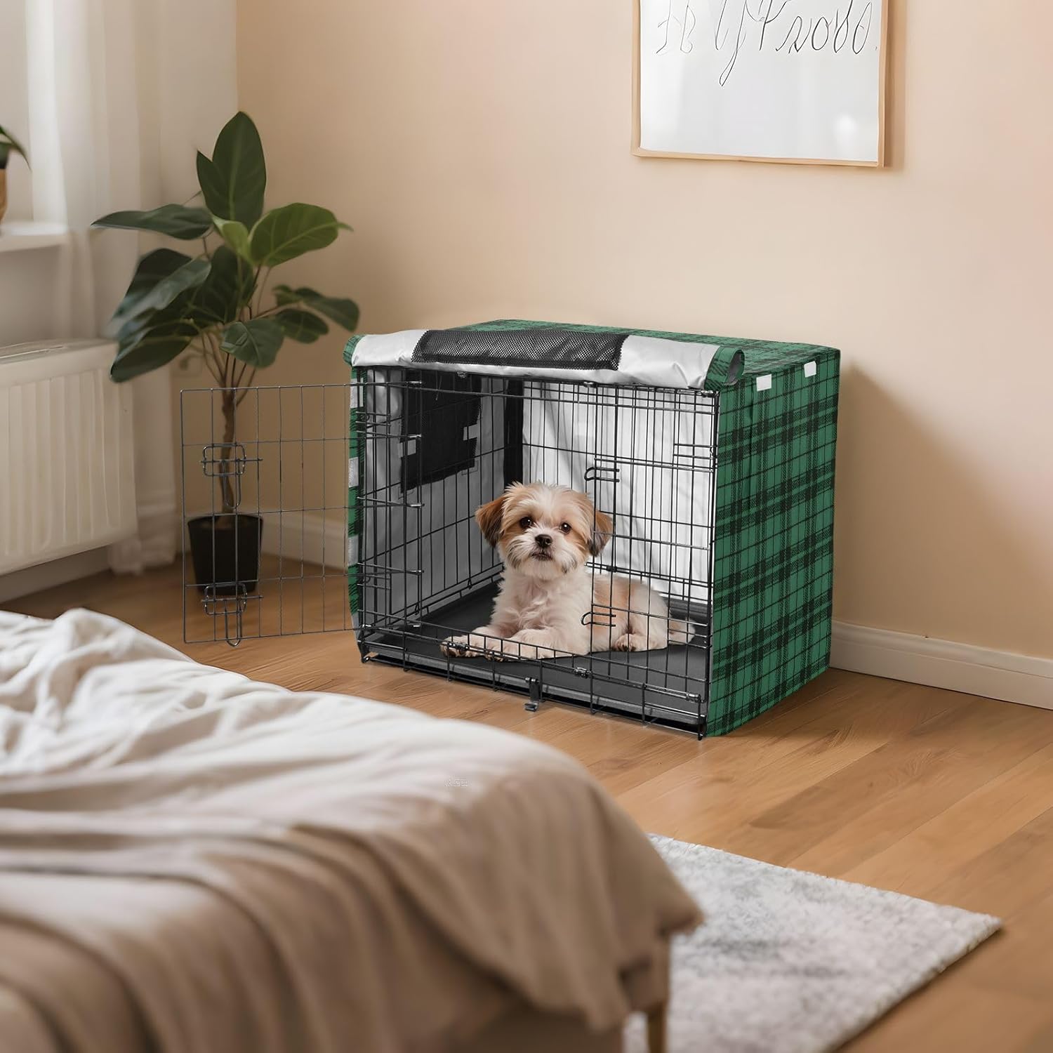 Dark Green Plaid Dog Crate Cover 600D Oxford Pet Kennel Cover with Mesh Window for Dog Cages, Windproof Waterproof Machine Washable, 48"x30"x33"